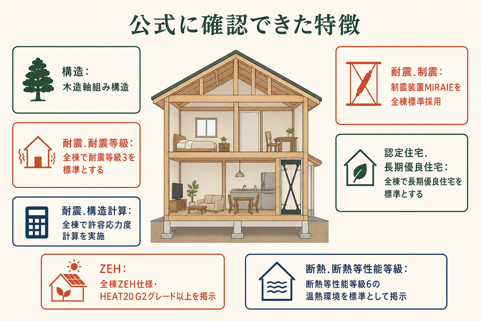 公式に確認できた特徴の図。構造＝木造軸組み構造／耐震.耐震等級＝全棟で耐震等級3を標準とする／耐震.構造計算＝全棟で許容応力度計算を実施／耐震.制震＝制震装置MIRAIEを全棟標準採用／認定住宅.長期優良住宅＝全棟で長期優良住宅を標準とする／ZEH＝全棟ZEH仕様・HEAT20 G2グレード以上を掲示／断熱.断熱等性能等級＝5地域・6地域で、間取りに応じて断熱等級6〜7に対応する仕様を提案。