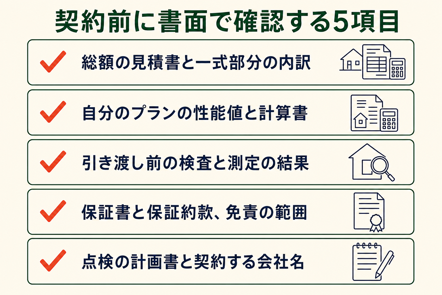 契約前に書面で確認する5項目の図。総額の見積書と一式部分の内訳／自分のプランの性能値と計算書／引き渡し前の検査と測定の結果／保証書と保証約款、免責の範囲／点検の計画書と契約する会社名。