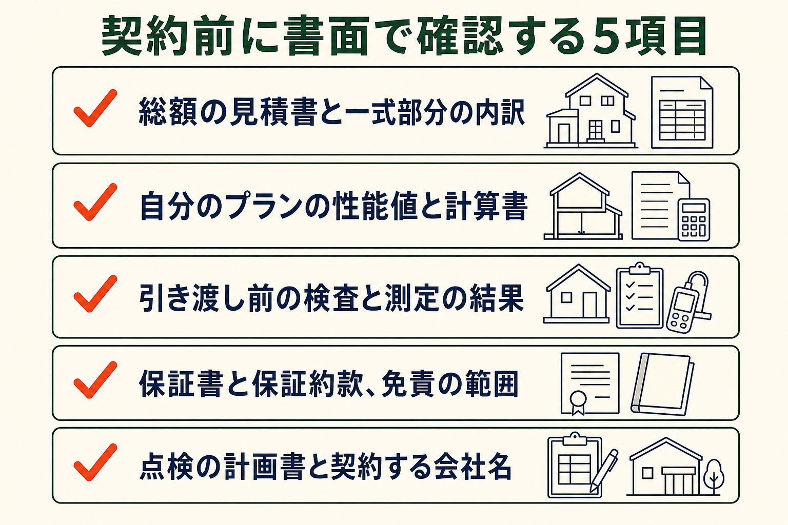 契約前に書面で確認する5項目の図。総額の見積書と一式部分の内訳／自分のプランの性能値と計算書／引き渡し前の検査と測定の結果／保証書と保証約款、免責の範囲／点検の計画書と契約する会社名。