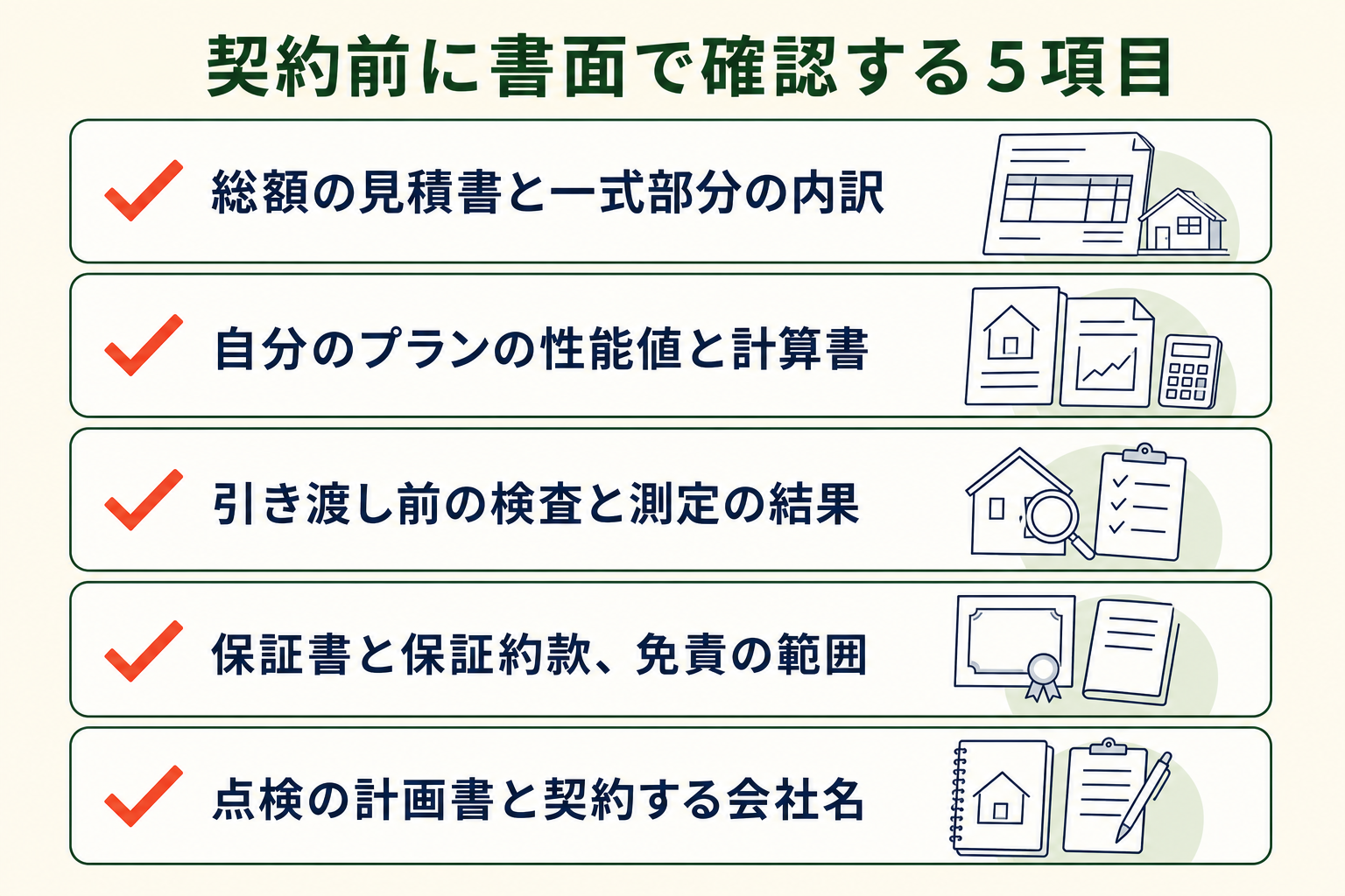 契約前に書面で確認する5項目の図。総額の見積書と一式部分の内訳／自分のプランの性能値と計算書／引き渡し前の検査と測定の結果／保証書と保証約款、免責の範囲／点検の計画書と契約する会社名。