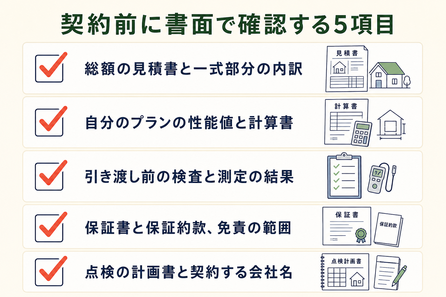 契約前に書面で確認する5項目の図。総額の見積書と一式部分の内訳／自分のプランの性能値と計算書／引き渡し前の検査と測定の結果／保証書と保証約款、免責の範囲／点検の計画書と契約する会社名。