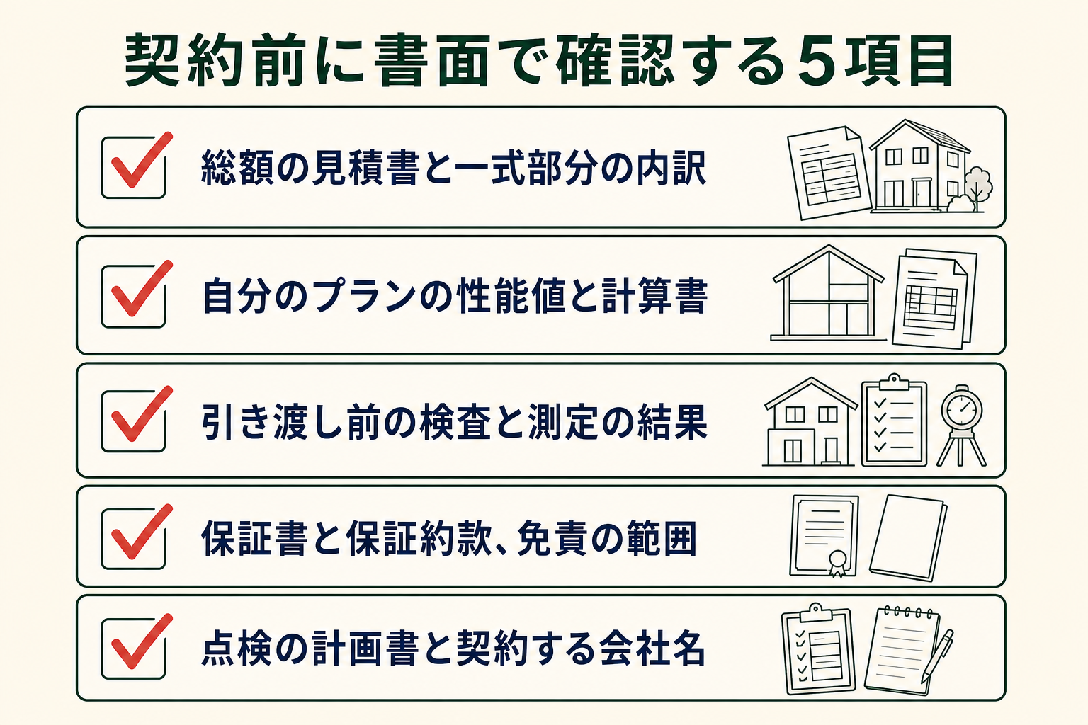 契約前に書面で確認する5項目の図。総額の見積書と一式部分の内訳／自分のプランの性能値と計算書／引き渡し前の検査と測定の結果／保証書と保証約款、免責の範囲／点検の計画書と契約する会社名。