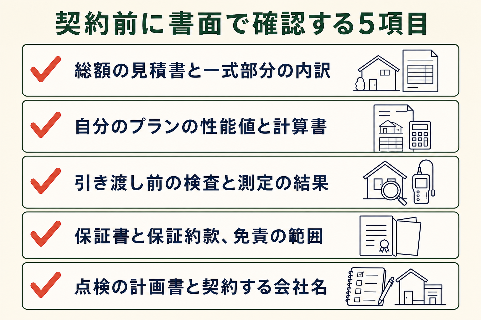 契約前に書面で確認する5項目の図。総額の見積書と一式部分の内訳／自分のプランの性能値と計算書／引き渡し前の検査と測定の結果／保証書と保証約款、免責の範囲／点検の計画書と契約する会社名。