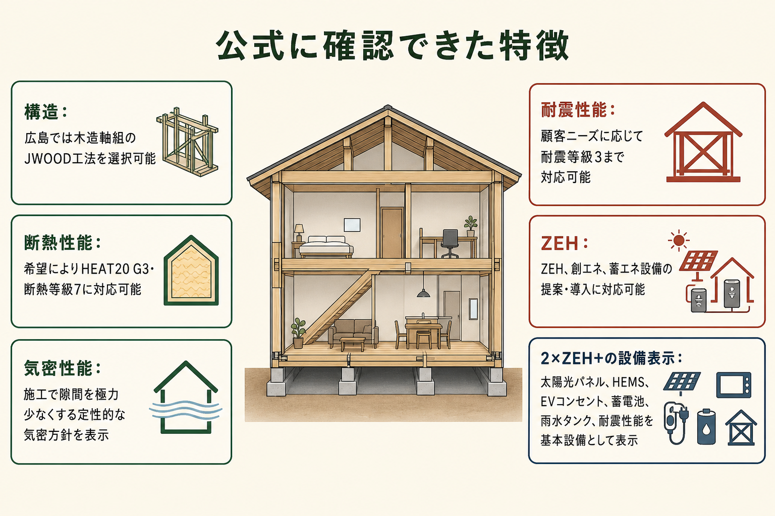 公式に確認できた特徴の図。構造＝広島では木造軸組のJWOOD工法を選択可能／断熱性能＝希望によりHEAT20 G3・断熱等級7に対応可能／気密性能＝施工で隙間を極力少なくする定性的な気密方針を表示／耐震性能＝顧客ニーズに応じて耐震等級3まで対応可能／ZEH＝ZEH、創エネ、蓄エネ設備の提案・導入に対応可能／2×ZEH+の設備表示＝太陽光パネル、HEMS、EVコンセント、蓄電池、雨水タンク、耐震性能を基本設備として表示。