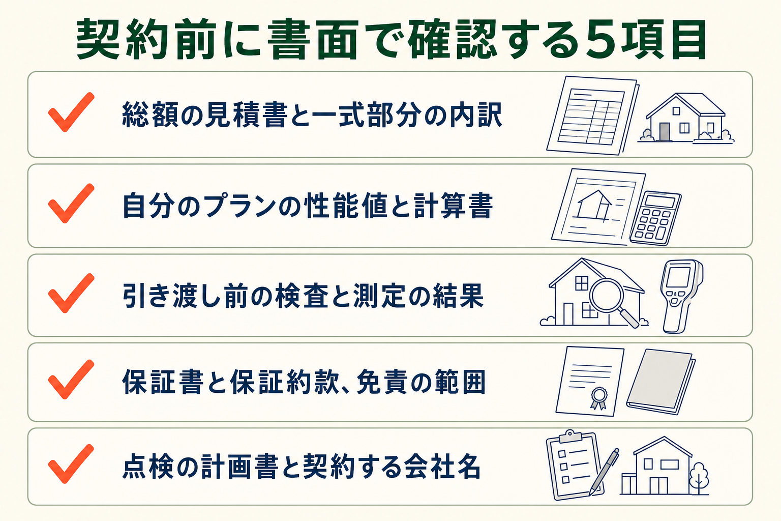 契約前に書面で確認する5項目の図。総額の見積書と一式部分の内訳／自分のプランの性能値と計算書／引き渡し前の検査と測定の結果／保証書と保証約款、免責の範囲／点検の計画書と契約する会社名。