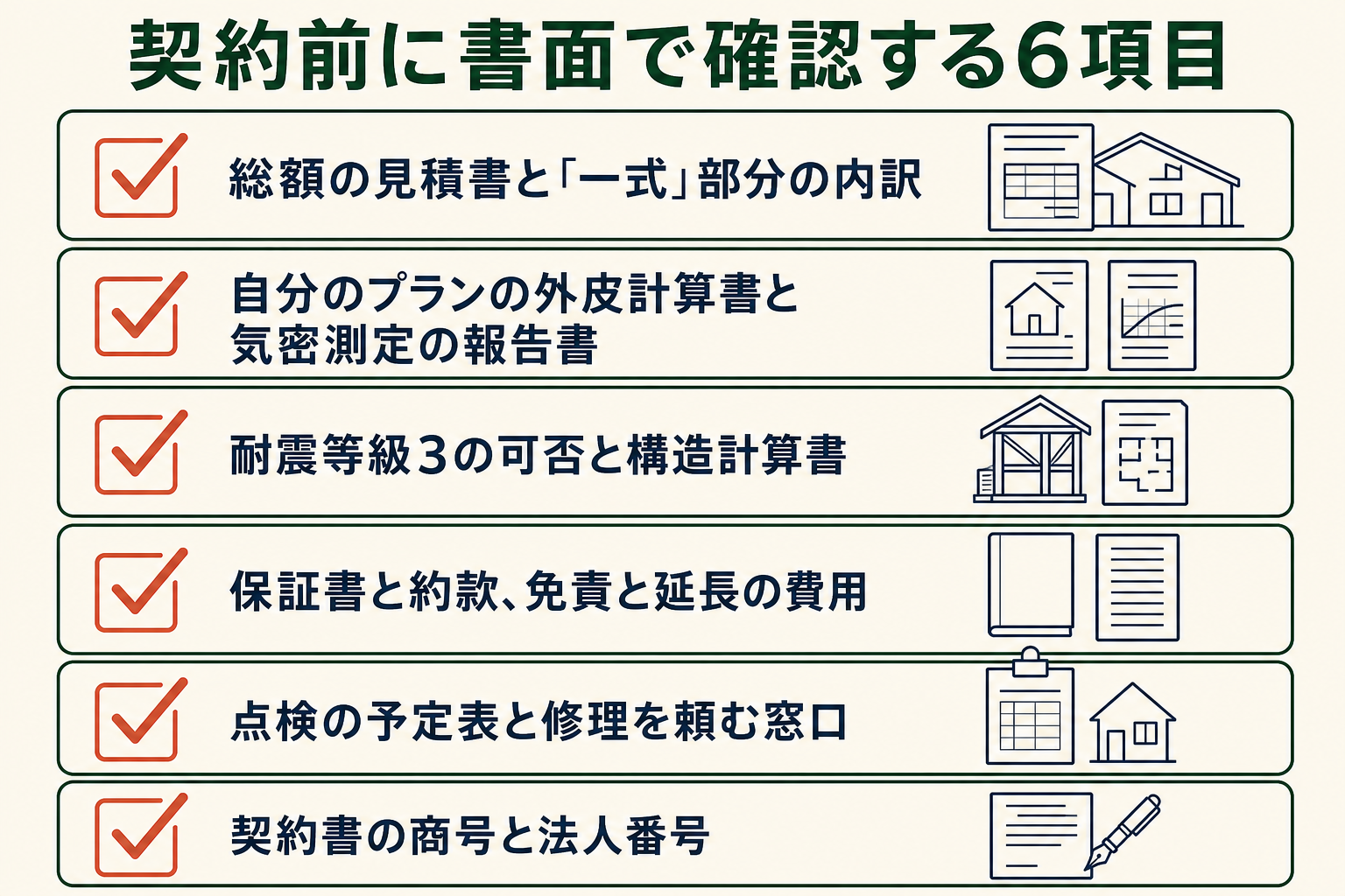 契約前に書面で確認する6項目の図。総額の見積書と「一式」部分の内訳／自分のプランの外皮計算書と気密測定の報告書／耐震等級3の可否と構造計算書／保証書と約款、免責と延長の費用／点検の予定表と修理を頼む窓口／契約書の商号と法人番号。