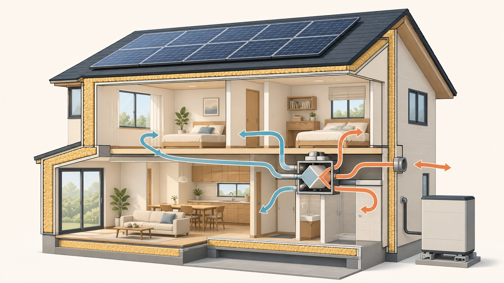 住宅の断熱層、窓、換気、太陽光発電、蓄電池をまとめて示す断面図