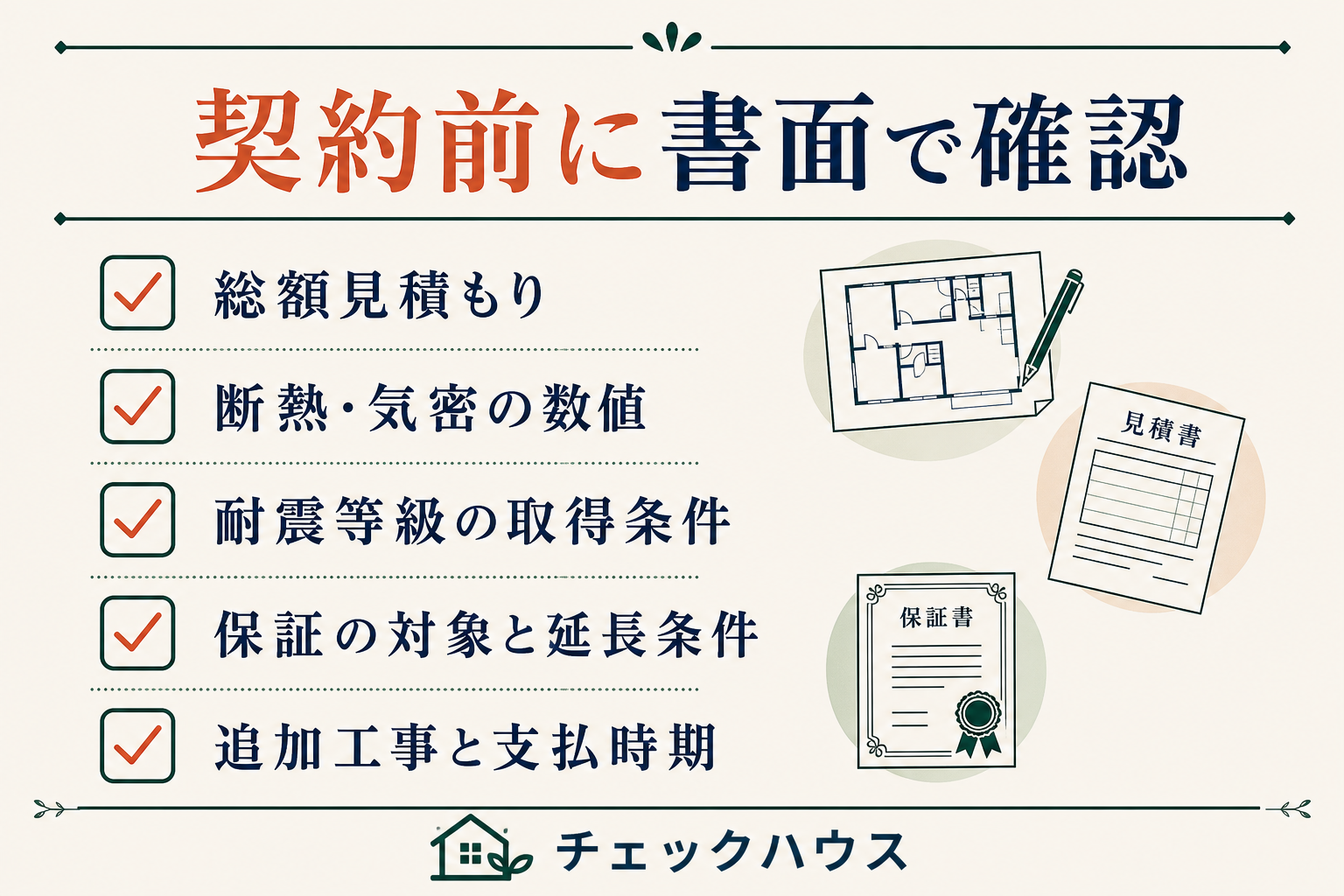 チェックハウスとの契約前に総額見積もり、断熱・気密の数値、耐震等級の取得条件、保証の対象と延長条件、追加工事と支払時期を書面で確認する図