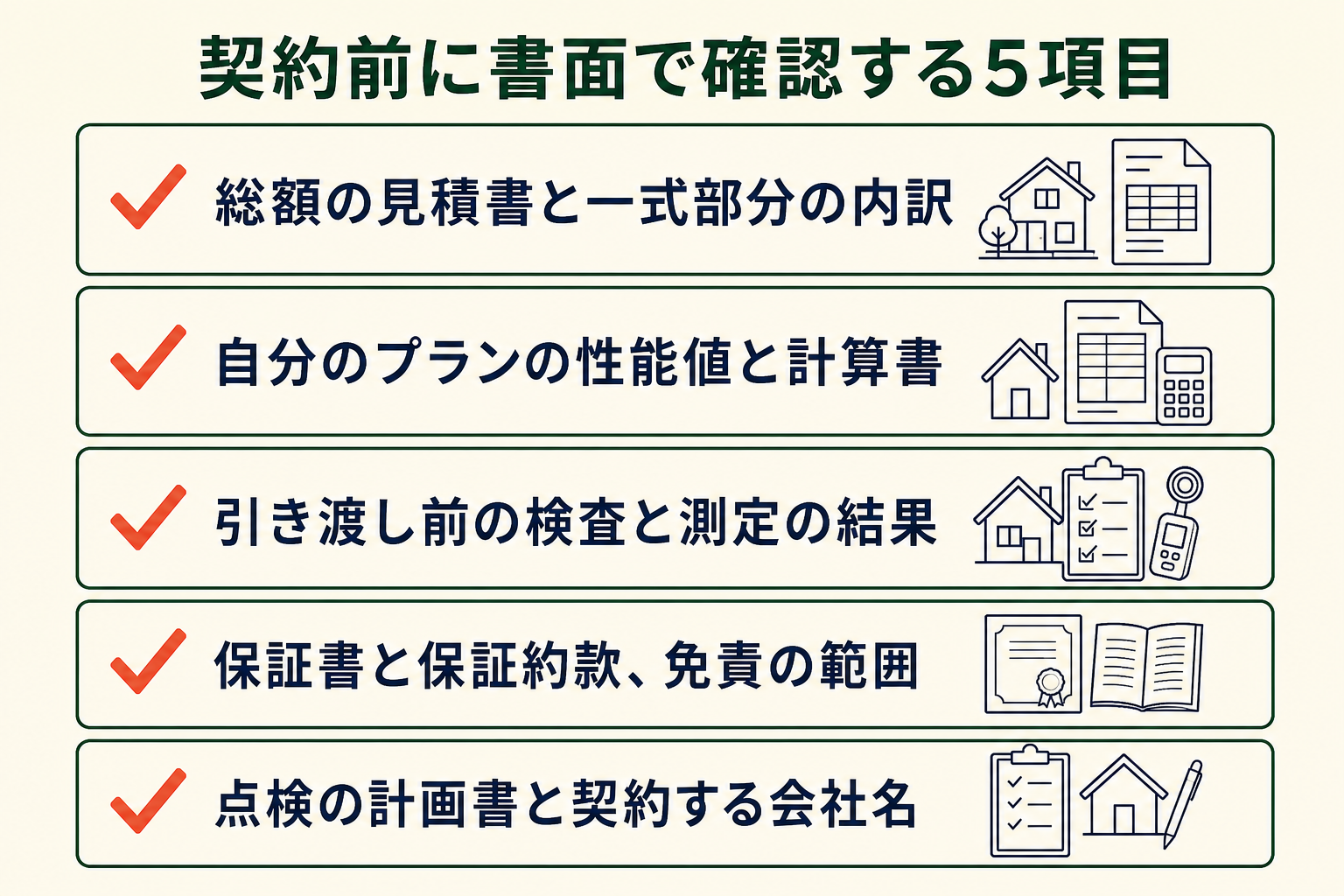 契約前に書面で確認する5項目の図。総額の見積書と一式部分の内訳／自分のプランの性能値と計算書／引き渡し前の検査と測定の結果／保証書と保証約款、免責の範囲／点検の計画書と契約する会社名。