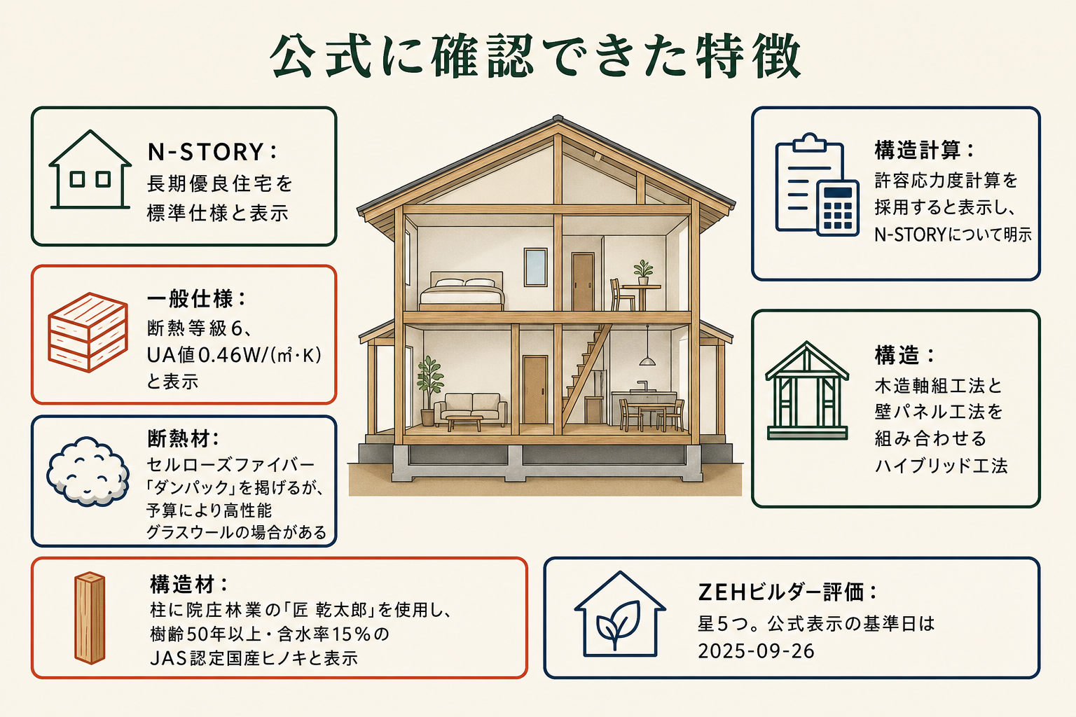 公式に確認できた特徴の図。N-STORY＝長期優良住宅を標準仕様と表示／一般仕様＝断熱等級6、UA値0.46W/（㎡・K）と表示／断熱材＝セルローズファイバー「ダンパック」を掲げるが、予算により高性能グラスウールの場合がある／構造計算＝許容応力度計算を採用すると表示し、N-STORYについて明示／構造＝木造軸組工法と壁パネル工法を組み合わせるハイブリッド工法／構造材＝柱に院庄林業の「匠 乾太郎」を使用し、樹齢50年以上・含水率15%のJAS認定国産ヒノキと表示／ZEHビルダー評価＝星5つ。公式表示の基準日は2025-09-26。