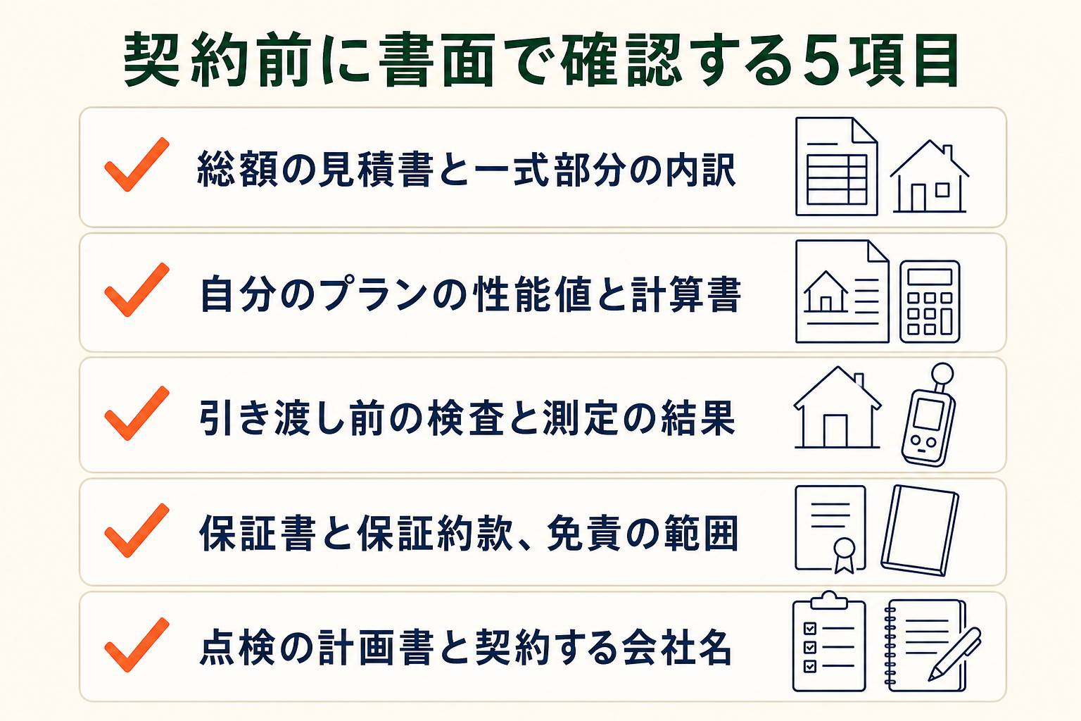 契約前に書面で確認する5項目の図。総額の見積書と一式部分の内訳／自分のプランの性能値と計算書／引き渡し前の検査と測定の結果／保証書と保証約款、免責の範囲／点検の計画書と契約する会社名。