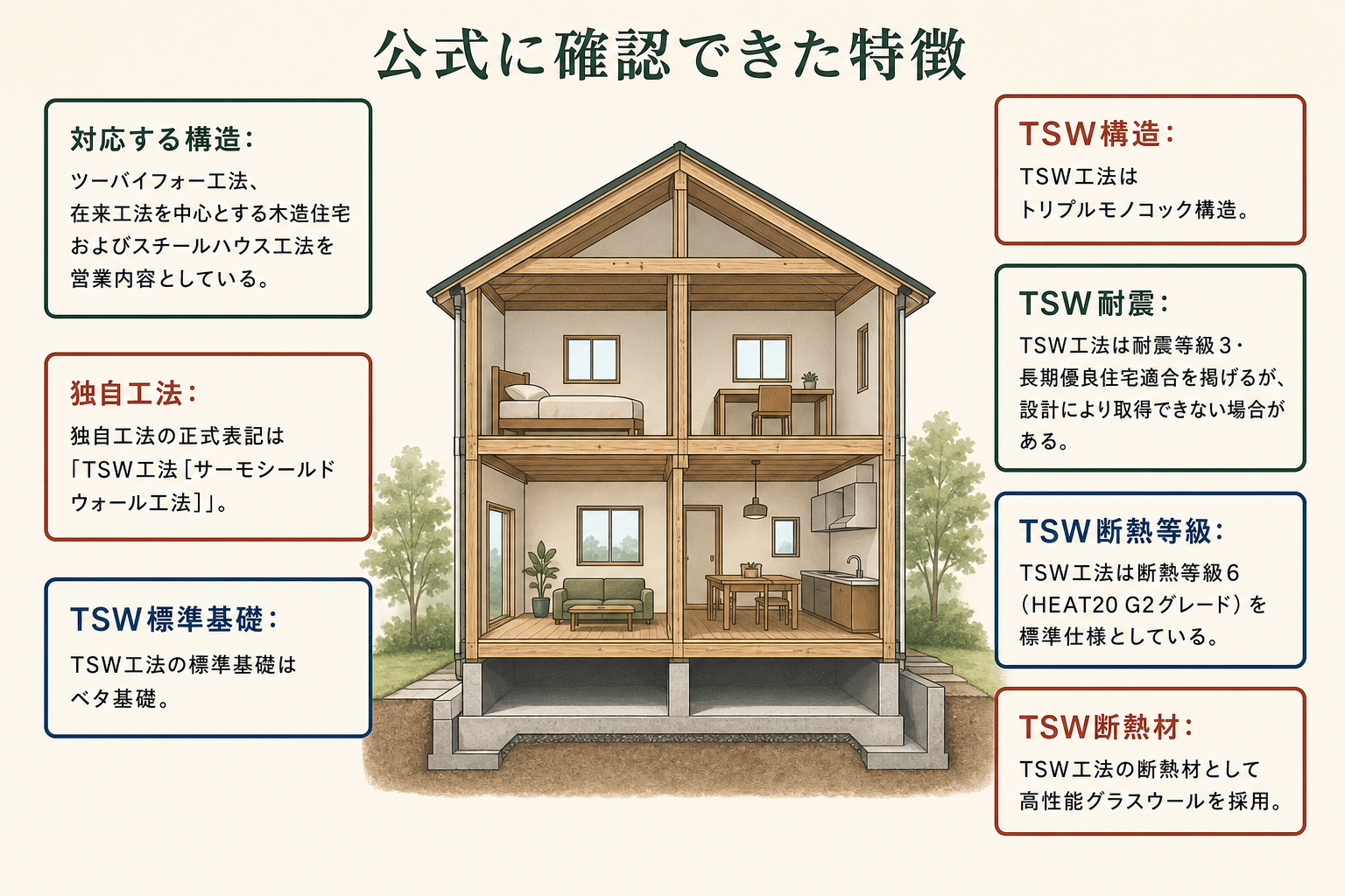 公式に確認できた特徴の図。対応する構造＝ツーバイフォー工法、在来工法を中心とする木造住宅およびスチールハウス工法を営業内容としている／独自工法＝独自工法の正式表記はTSW工法で、正式名称はサーモシールドウォール工法／TSW標準基礎＝TSW工法の標準基礎はベタ基礎／TSW構造＝TSW工法はトリプルモノコック構造／TSW耐震＝TSW工法は耐震等級3・長期優良住宅適合を掲げるが、設計により取得できない場合がある／TSW断熱等級＝TSW工法は断熱等級6（HEAT20 G2グレード）を標準仕様としている／TSW断熱材＝TSW工法の断熱材として高性能グラスウールを採用。