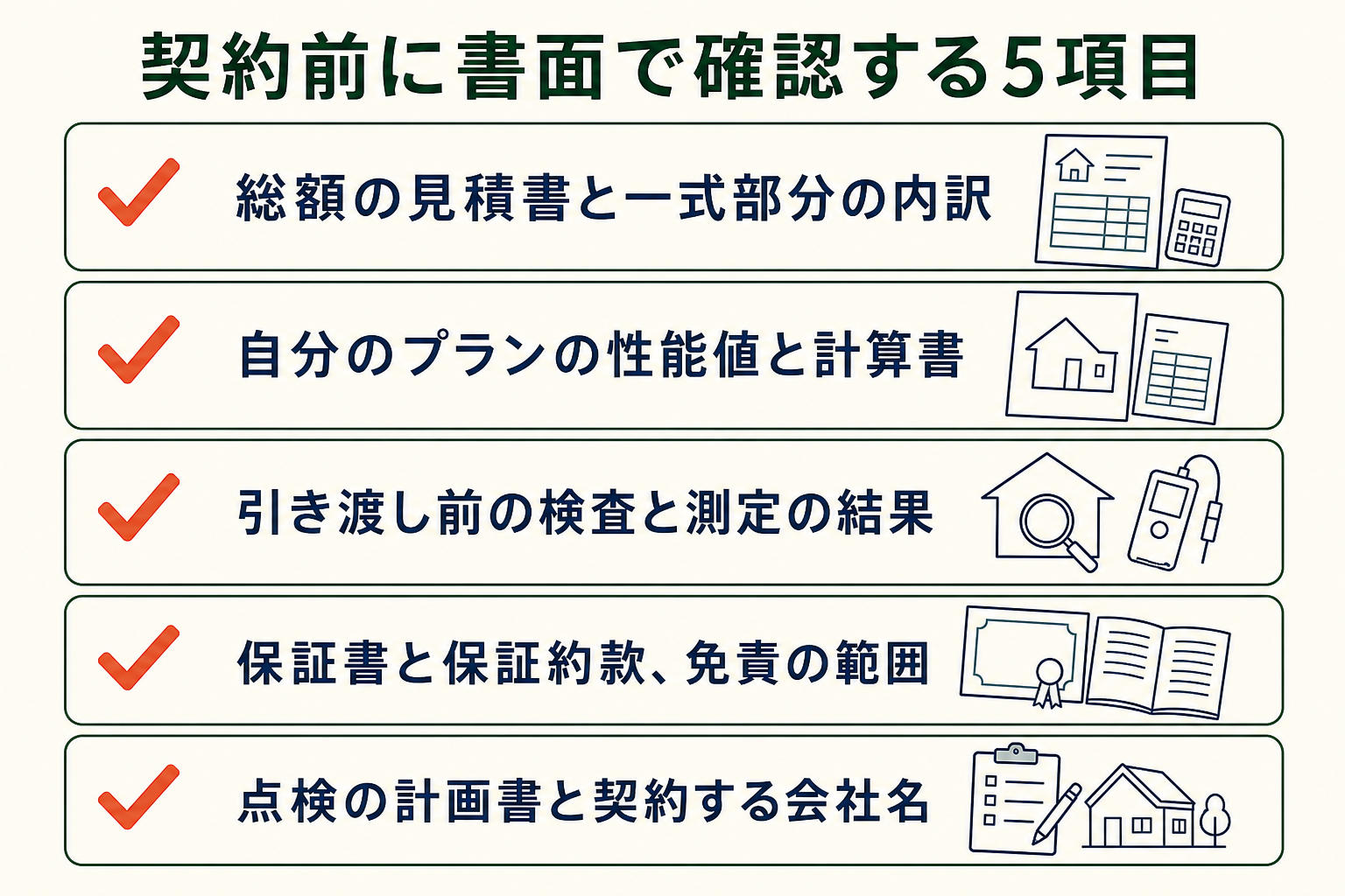 契約前に書面で確認する5項目の図。総額の見積書と一式部分の内訳／自分のプランの性能値と計算書／引き渡し前の検査と測定の結果／保証書と保証約款、免責の範囲／点検の計画書と契約する会社名。