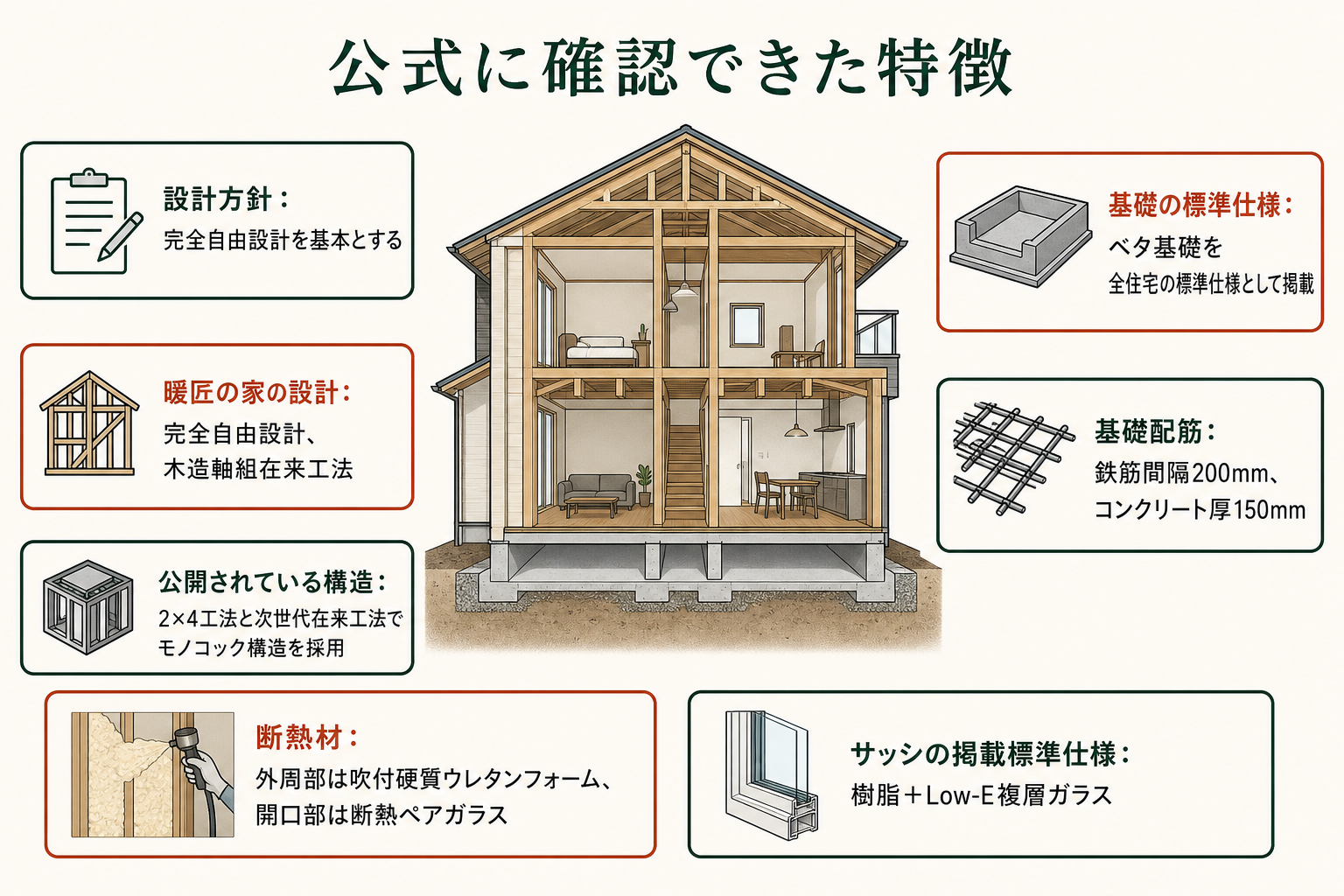 公式に確認できた特徴の図。設計方針＝完全自由設計を基本とする／暖匠の家の設計＝完全自由設計、木造軸組在来工法／公開されている構造＝2×4工法と次世代在来工法でモノコック構造を採用／基礎の標準仕様＝ベタ基礎を全住宅の標準仕様として掲載／基礎配筋＝鉄筋間隔200mm、コンクリート厚150mm／断熱材＝外周部は吹付硬質ウレタンフォーム、開口部は断熱ペアガラス／サッシの掲載標準仕様＝樹脂＋Low-E複層ガラス。