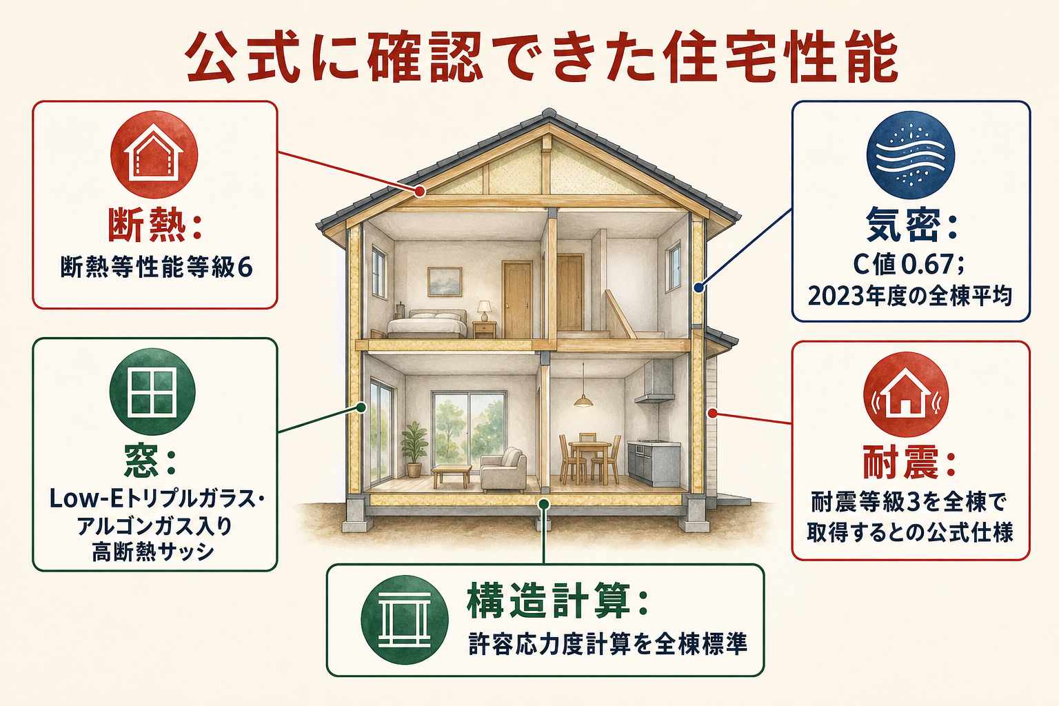 アート建工が公式に示す断熱、気密、耐震、構造の主な仕様図