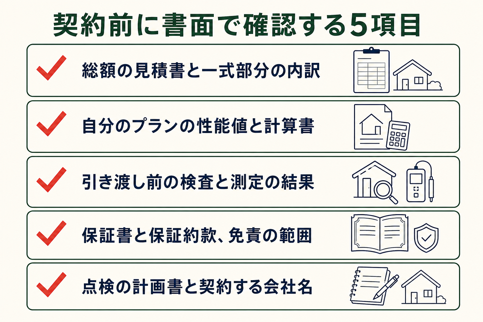 契約前に書面で確認する5項目の図。総額の見積書と一式部分の内訳／自分のプランの性能値と計算書／引き渡し前の検査と測定の結果／保証書と保証約款、免責の範囲／点検の計画書と契約する会社名。
