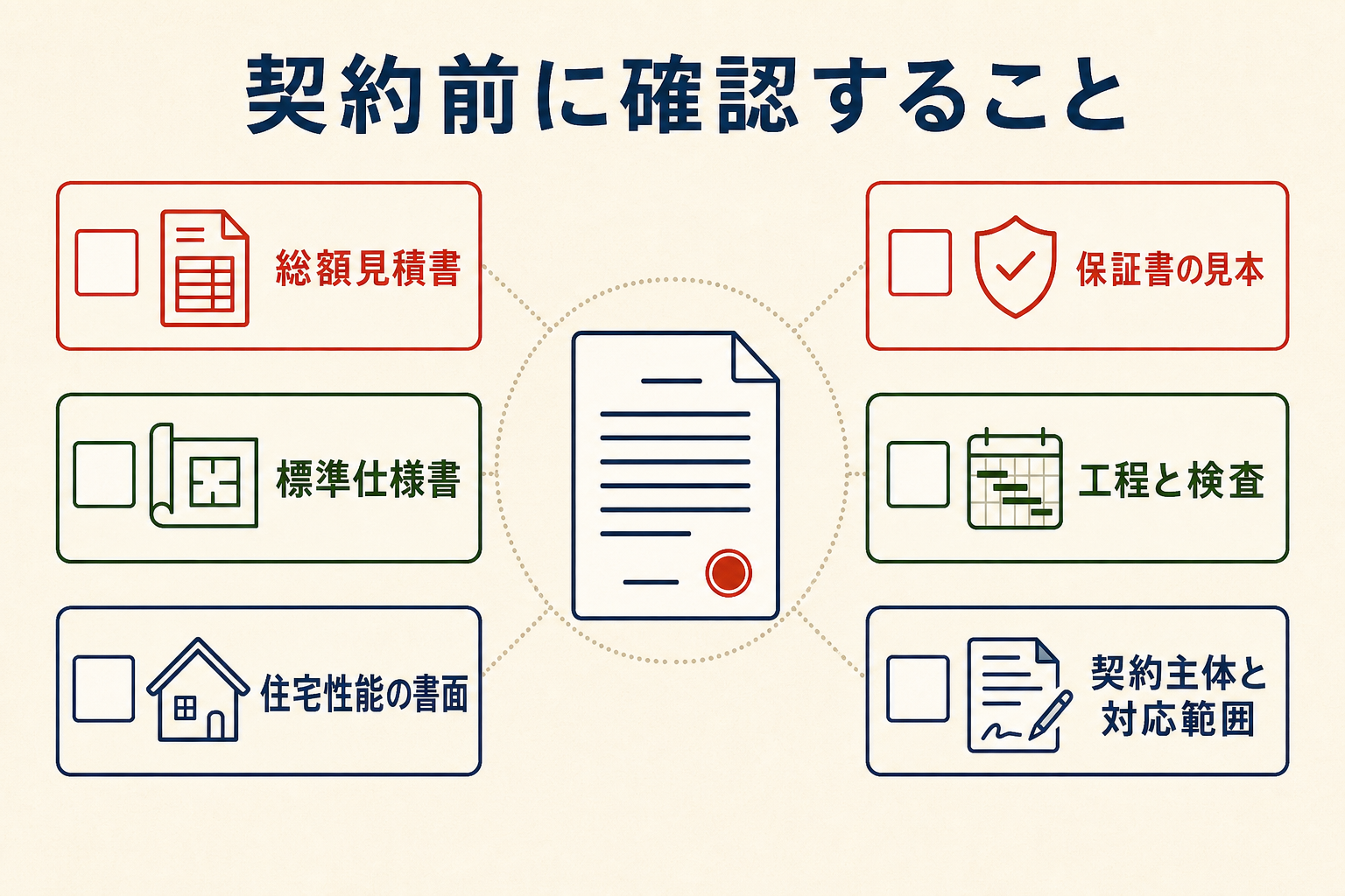 さくら夢ハウスとの契約前に確認する6項目。総額、標準仕様、住宅性能、保証、工程と検査、契約主体と対応範囲