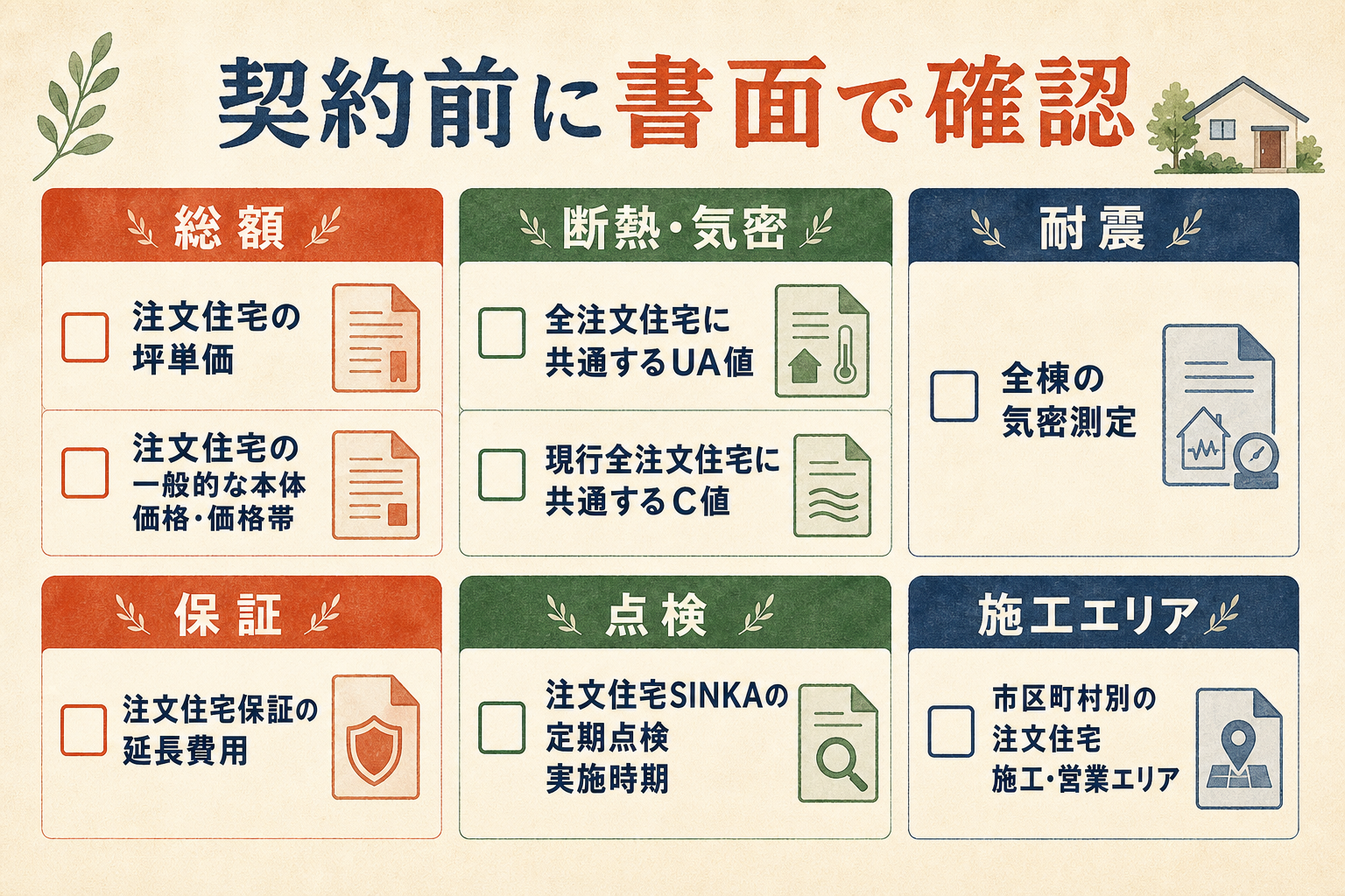 サーラ住宅との契約前に総額、断熱、気密、耐震、保証、施工確認をそろえる図