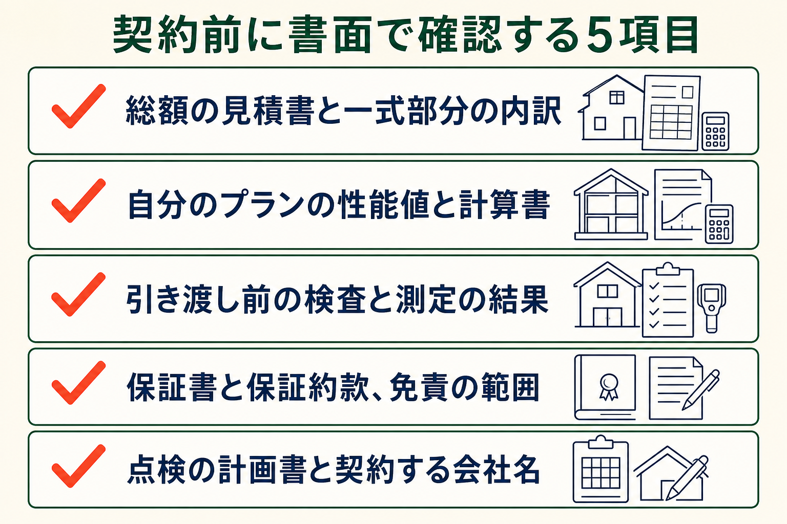 契約前に書面で確認する5項目の図。総額の見積書と一式部分の内訳／自分のプランの性能値と計算書／引き渡し前の検査と測定の結果／保証書と保証約款、免責の範囲／点検の計画書と契約する会社名。