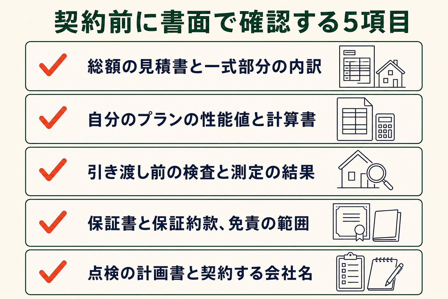 契約前に書面で確認する5項目の図。総額の見積書と一式部分の内訳/自分のプランの性能値と計算書/引き渡し前の検査と測定の結果/保証書と保証約款、免責の範囲/点検の計画書と契約する会社名。