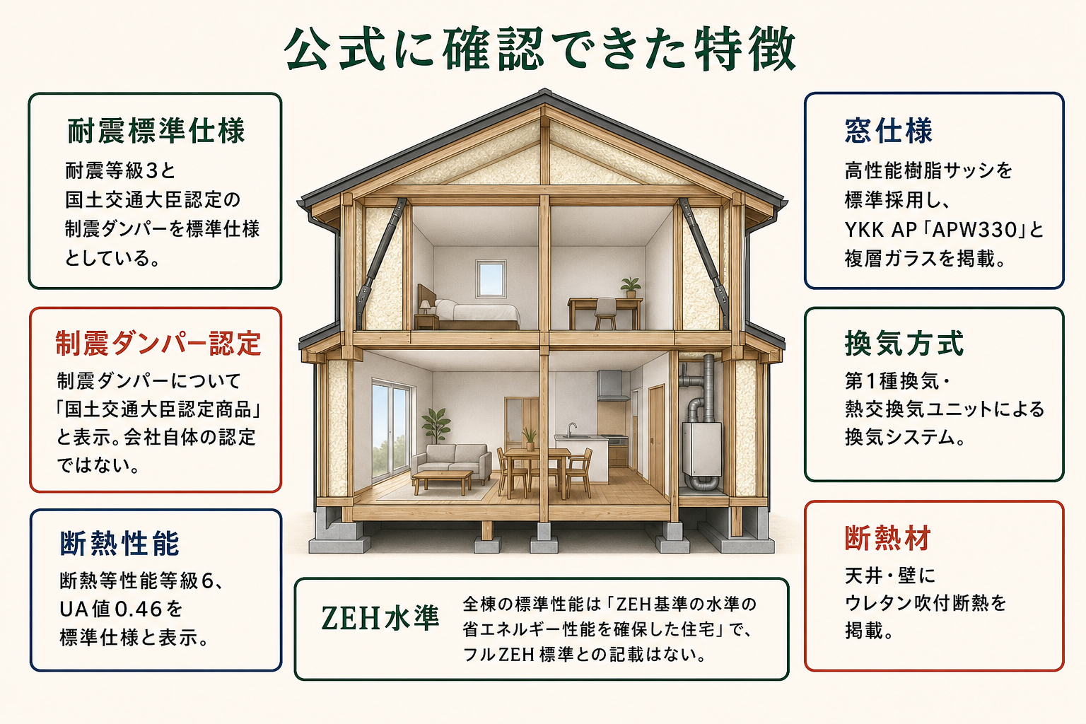 公式に確認できた特徴の図。耐震標準仕様=耐震等級3と国土交通大臣認定の制震ダンパーを標準仕様としている/制震ダンパー認定=制震ダンパーについて「国土交通大臣認定商品」と表示。会社自体の認定ではない/断熱性能=断熱等性能等級6、UA値0.46を標準仕様と表示/窓仕様=高性能樹脂サッシを標準採用し、YKK AP「APW330」と複層ガラスを掲載/換気方式=第1種換気・熱交換気ユニットによる換気システム/断熱材=天井・壁にウレタン吹付断熱を掲載/ZEH水準=全棟の標準性能は「ZEH基準の水準の省エネルギー性能を確保した住宅」で、フルZEH標準との記載はない。