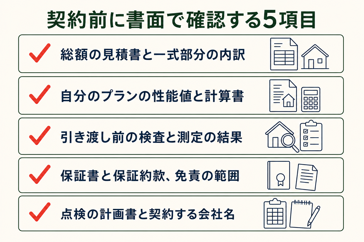 契約前に書面で確認する5項目の図。総額の見積書と一式部分の内訳/自分のプランの性能値と計算書/引き渡し前の検査と測定の結果/保証書と保証約款、免責の範囲/点検の計画書と契約する会社名。