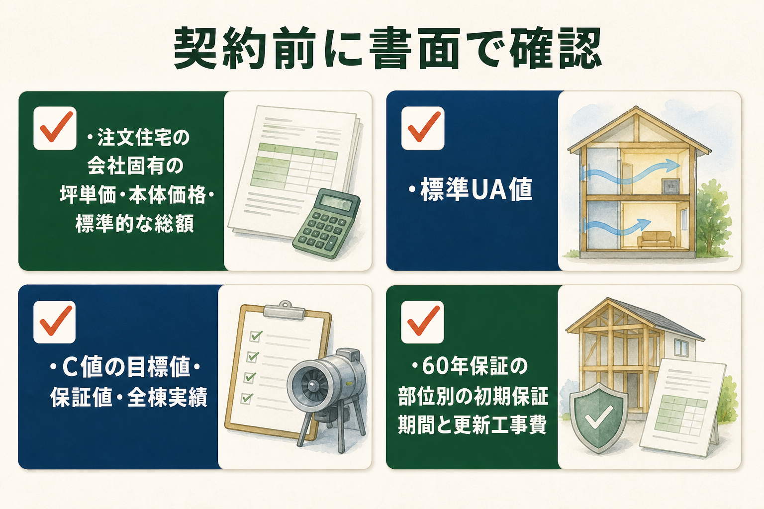 創建ホームとの契約前に書面で確認する項目をまとめた図