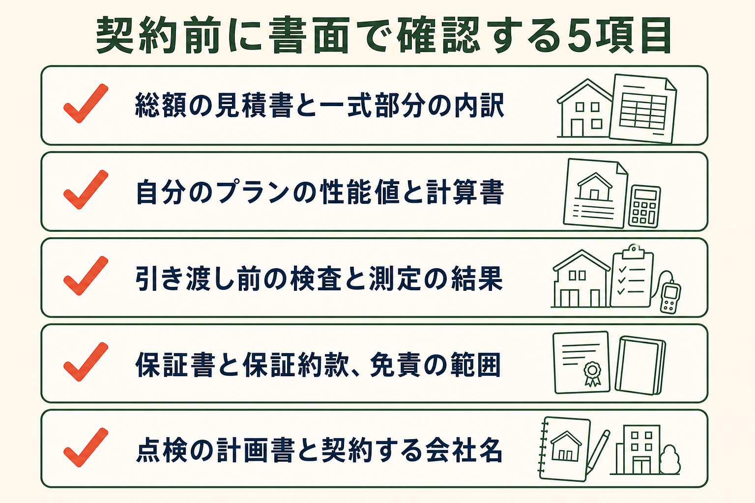 契約前に書面で確認する5項目の図。総額の見積書と一式部分の内訳／自分のプランの性能値と計算書／引き渡し前の検査と測定の結果／保証書と保証約款、免責の範囲／点検の計画書と契約する会社名。