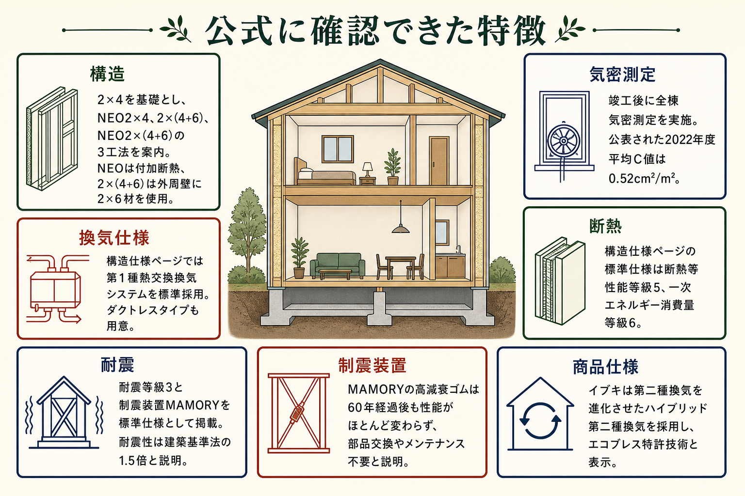 公式に確認できた特徴の図。構造＝2×4を基礎とし、NEO2×4、2×(4+6)、NEO2×(4+6)の3工法を案内。NEOは付加断熱、2×(4+6)は外周壁に2×6材を使用／換気仕様＝構造仕様ページでは第1種熱交換換気システムを標準採用。ダクトレスタイプも用意／気密測定＝竣工後に全棟気密測定を実施。公表された2022年度平均C値は0.52cm²/m²／断熱＝構造仕様ページの標準仕様は断熱等性能等級5、一次エネルギー消費量等級6／耐震＝耐震等級3と制震装置MAMORYを標準仕様として掲載。耐震性は建築基準法の1.5倍と説明／制震装置＝MAMORYの高減衰ゴムは60年経過後も性能がほとんど変わらず、部品交換やメンテナンス不要と説明／商品仕様＝イブキは第二種換気を進化させたハイブリッド第二種換気を採用し、エコブレス特許技術と表示。