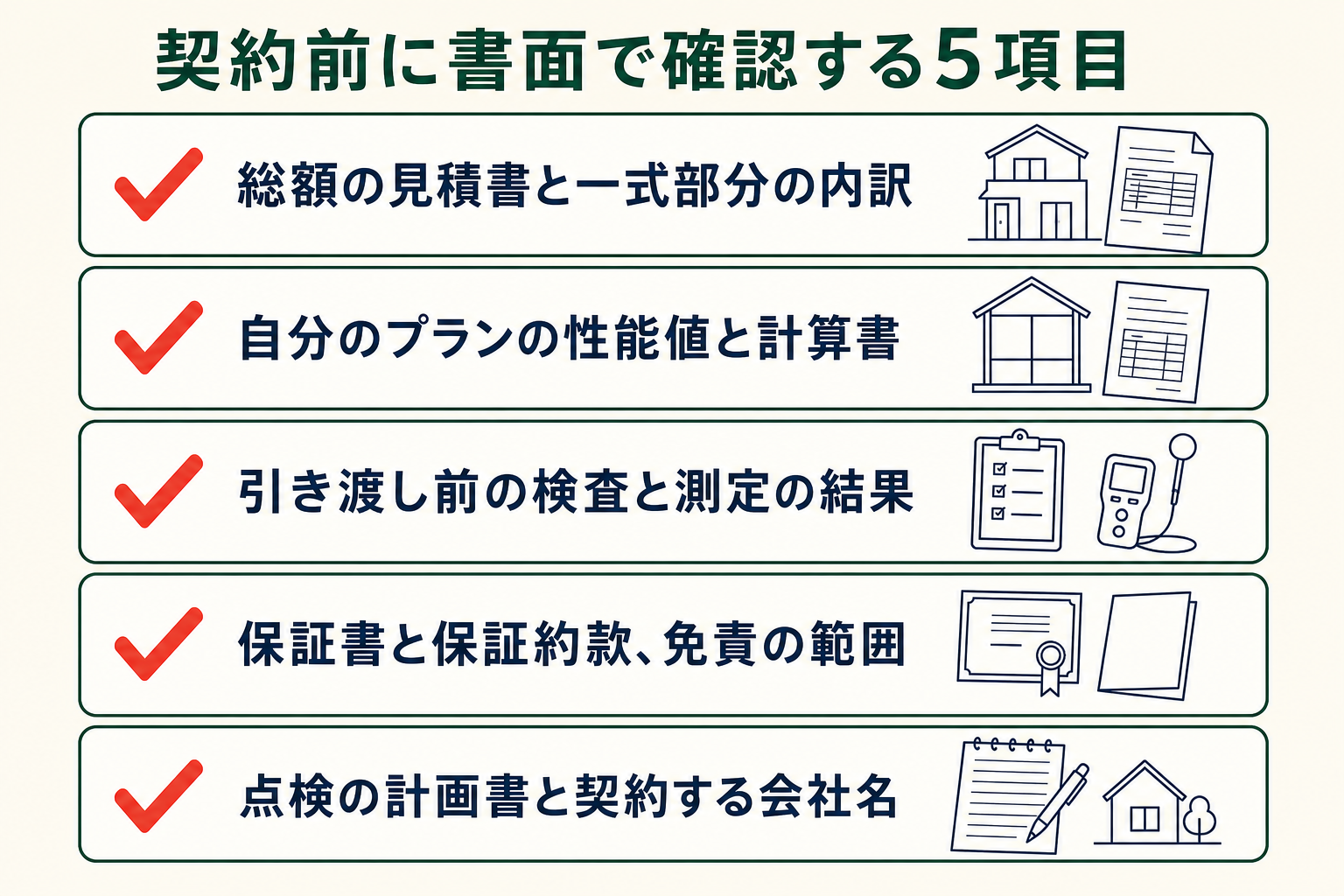 契約前に書面で確認する5項目の図。総額の見積書と一式部分の内訳／自分のプランの性能値と計算書／引き渡し前の検査と測定の結果／保証書と保証約款、免責の範囲／点検の計画書と契約する会社名。