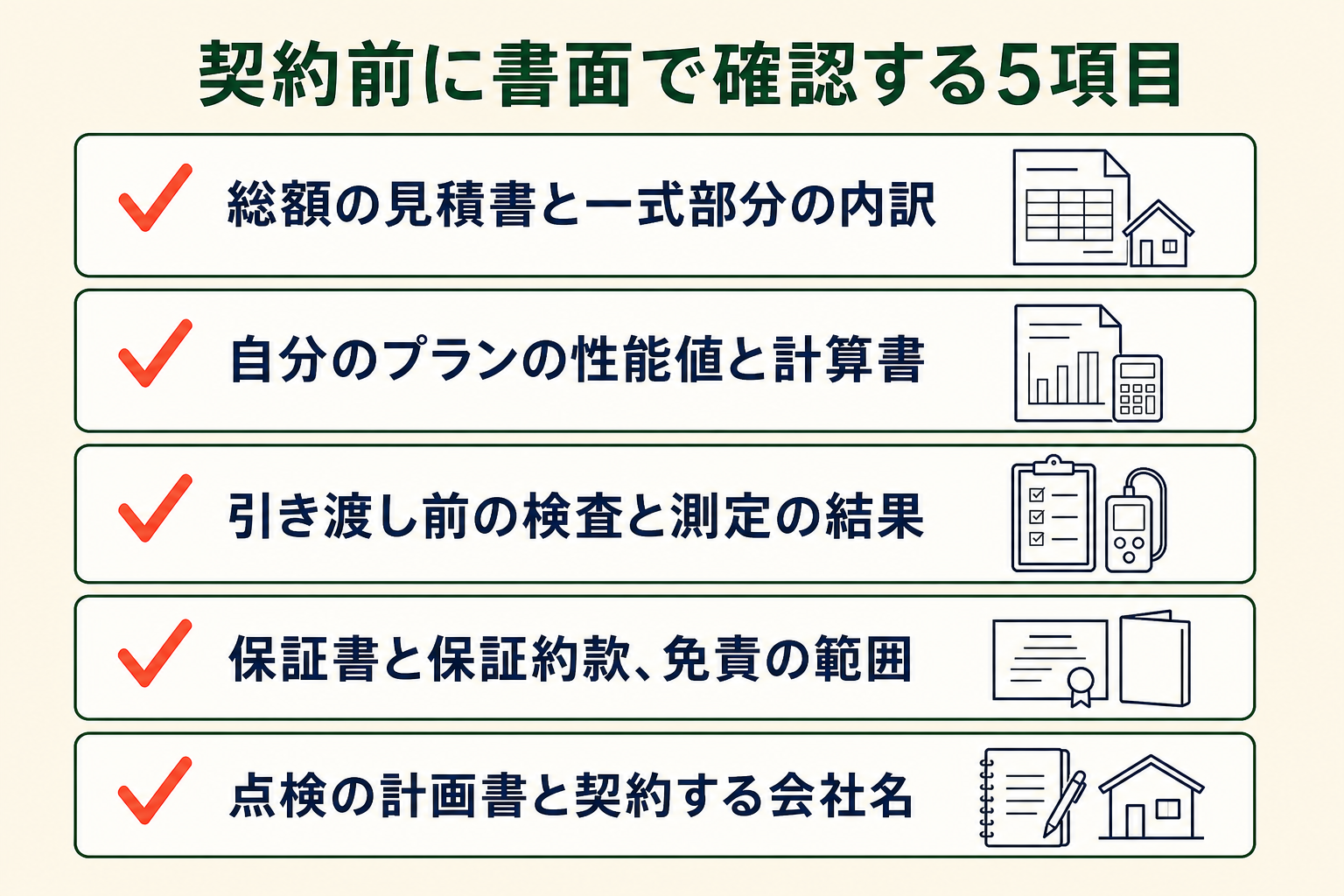 契約前に書面で確認する5項目の図。総額の見積書と一式部分の内訳／自分のプランの性能値と計算書／引き渡し前の検査と測定の結果／保証書と保証約款、免責の範囲／点検の計画書と契約する会社名。