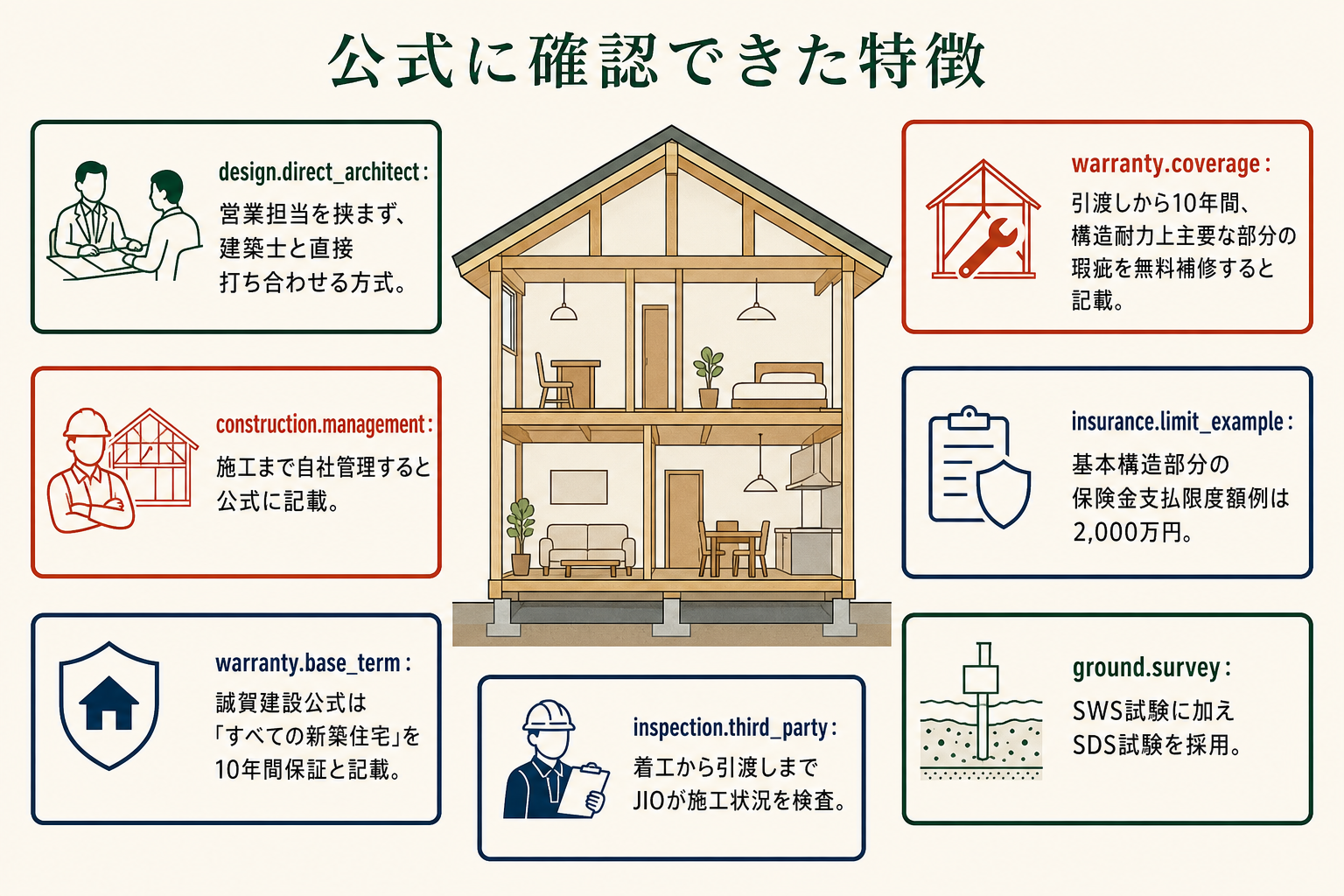 公式に確認できた特徴の図。design.direct_architect＝営業担当を挟まず、建築士と直接打ち合わせる方式／construction.management＝施工まで自社管理すると公式に記載／warranty.base_term＝誠賀建設公式は「すべての新築住宅」を10年間保証と記載／warranty.coverage＝引渡しから10年間、構造耐力上主要な部分の瑕疵を無料補修すると記載／insurance.limit_example＝基本構造部分の保険金支払限度額例は2,000万円／ground.survey＝SWS試験に加えSDS試験を採用／inspection.third_party＝着工から引渡しまでJIOが施工状況を検査。
