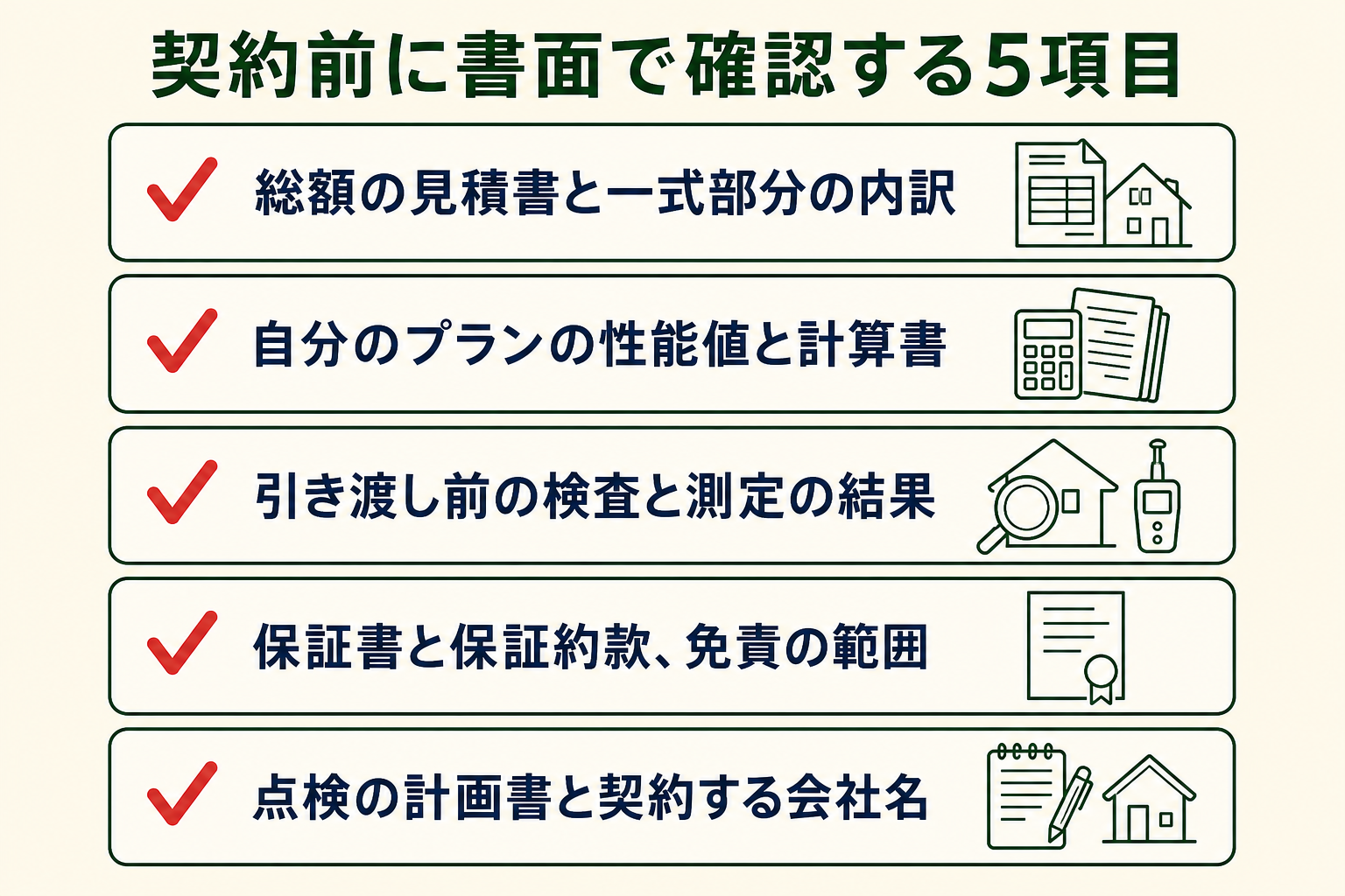 契約前に書面で確認する5項目の図。総額の見積書と一式部分の内訳／自分のプランの性能値と計算書／引き渡し前の検査と測定の結果／保証書と保証約款、免責の範囲／点検の計画書と契約する会社名。