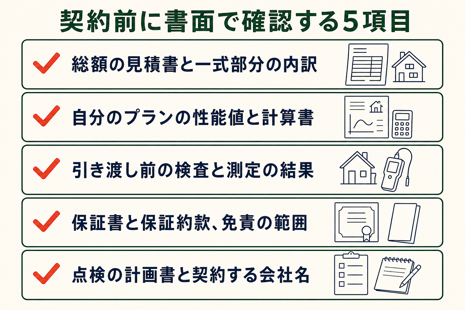 契約前に書面で確認する5項目の図。総額の見積書と一式部分の内訳/自分のプランの性能値と計算書/引き渡し前の検査と測定の結果/保証書と保証約款、免責の範囲/点検の計画書と契約する会社名。