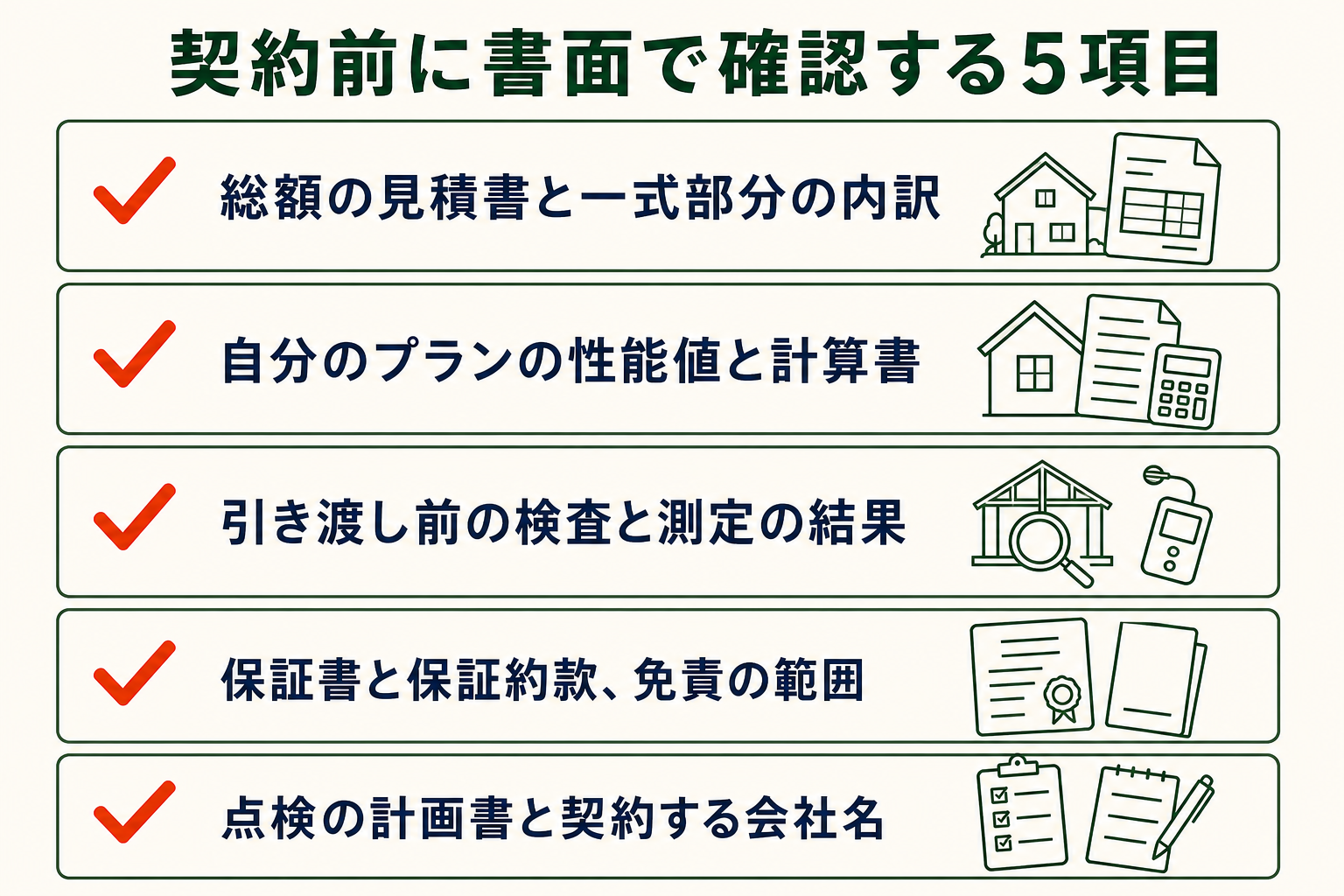 契約前に書面で確認する5項目の図。総額の見積書と一式部分の内訳／自分のプランの性能値と計算書／引き渡し前の検査と測定の結果／保証書と保証約款、免責の範囲／点検の計画書と契約する会社名。