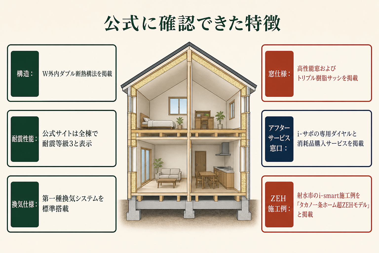 公式に確認できた特徴の図。構造＝W外内ダブル断熱構法を掲載／耐震性能＝公式サイトは全棟で耐震等級3と表示／換気仕様＝第一種換気システムを標準搭載／窓仕様＝高性能窓およびトリプル樹脂サッシを掲載／アフターサービス窓口＝i-サポの専用ダイヤルと消耗品購入サービスを掲載／ZEH施工例＝射水市のi-smart施工例を「タカノ一条ホーム超ZEHモデル」と掲載。
