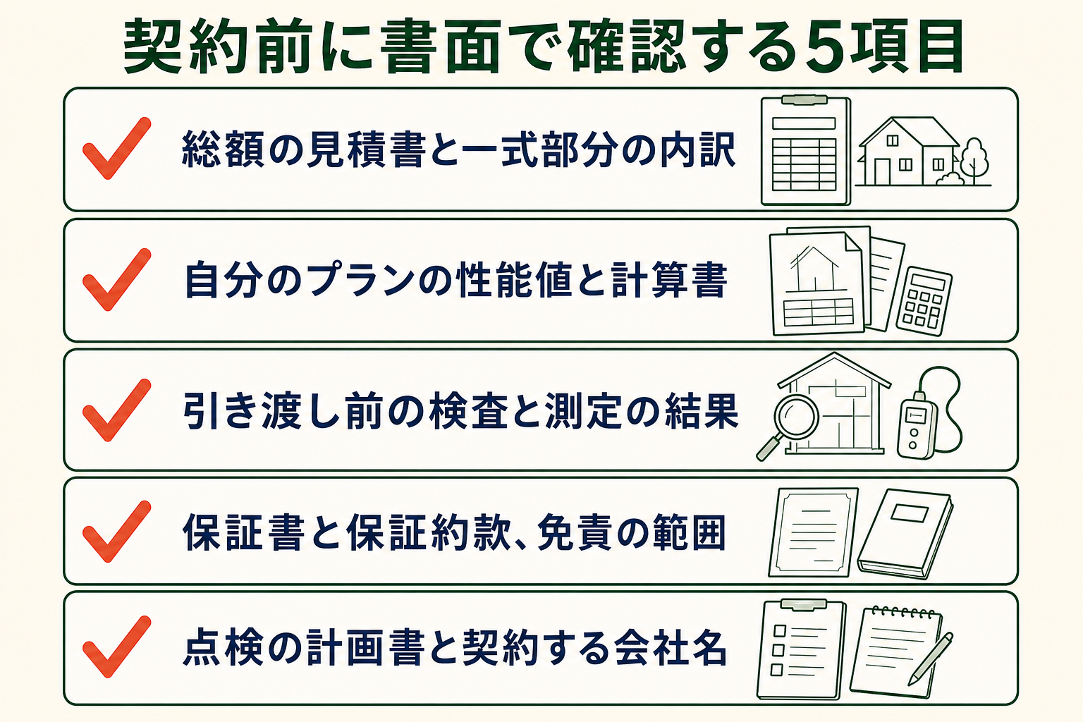 契約前に書面で確認する5項目の図。総額の見積書と一式部分の内訳／自分のプランの性能値と計算書／引き渡し前の検査と測定の結果／保証書と保証約款、免責の範囲／点検の計画書と契約する会社名。