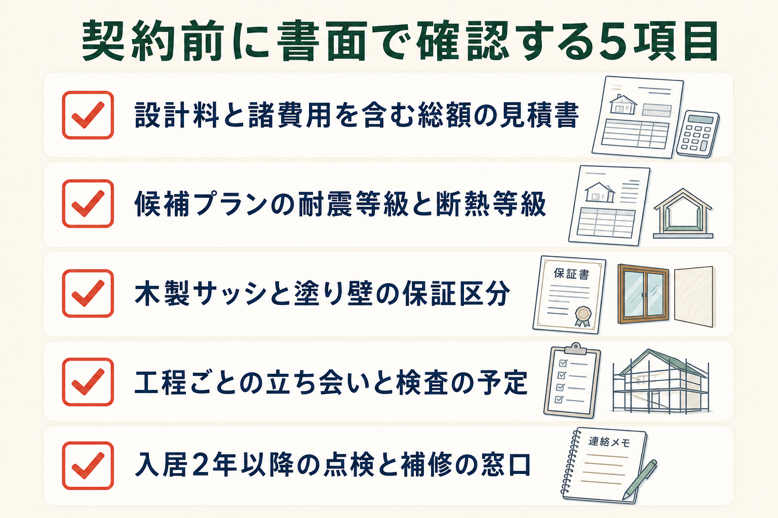 契約前に書面で確認する5項目。設計料と諸費用を含む総額の見積書、候補プランの耐震等級と断熱等級、木製サッシと塗り壁の保証区分、工程ごとの検査予定、入居2年以降の点検と補修の窓口