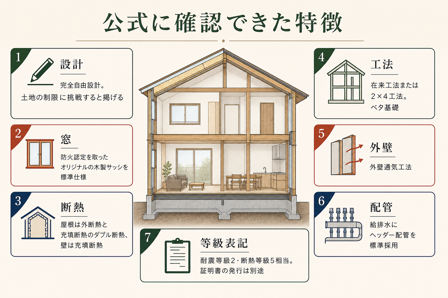 東京組で公式に確認できた特徴。完全自由設計、防火認定のオリジナル木製サッシ、屋根はダブル断熱で壁は充填断熱、在来工法または2×4工法、ベタ基礎、外壁通気工法、ヘッダー配管を標準採用