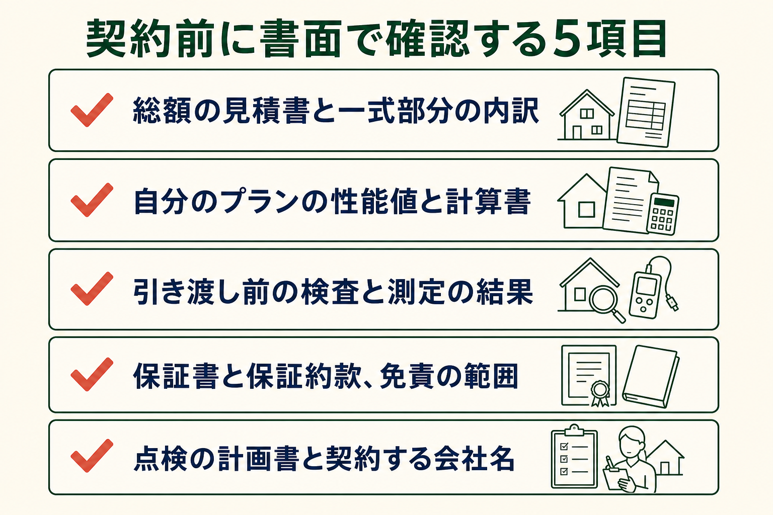 契約前に書面で確認する5項目の図。総額の見積書と一式部分の内訳／自分のプランの性能値と計算書／引き渡し前の検査と測定の結果／保証書と保証約款、免責の範囲／点検の計画書と契約する会社名。