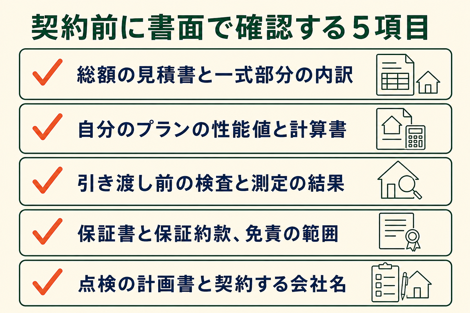 契約前に書面で確認する5項目の図。総額の見積書と一式部分の内訳/自分のプランの性能値と計算書/引き渡し前の検査と測定の結果/保証書と保証約款、免責の範囲/点検の計画書と契約する会社名。