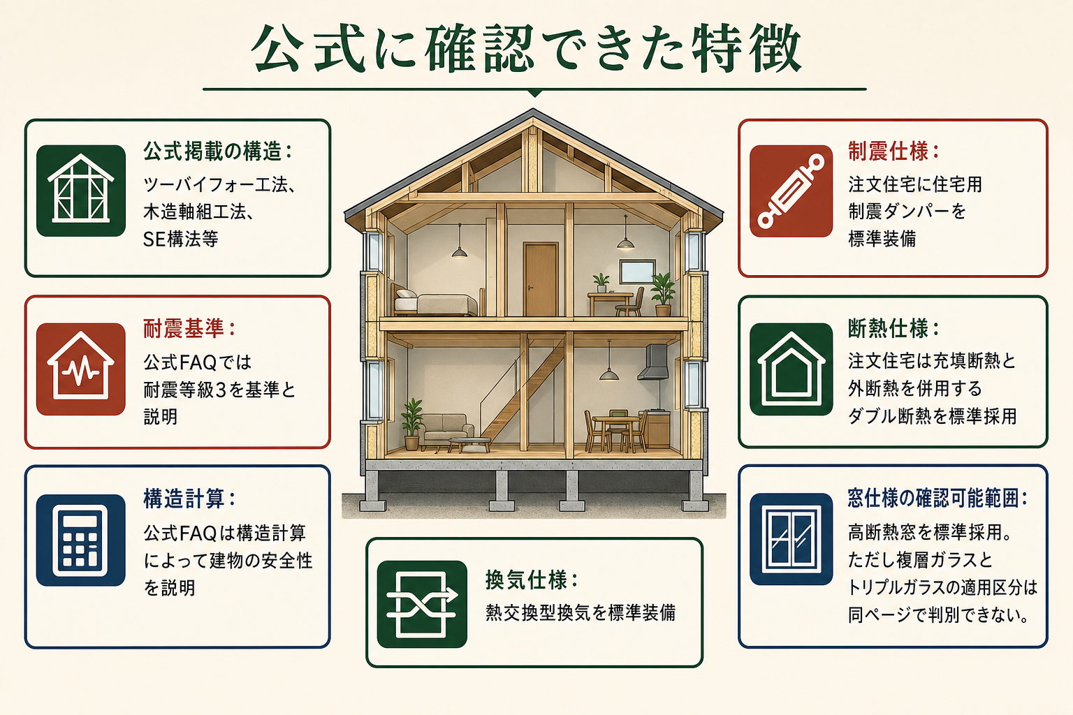 公式に確認できた特徴の図。公式掲載の構造=ツーバイフォー工法、木造軸組工法、SE構法等/耐震基準=公式FAQでは耐震等級3を基準と説明/構造計算=公式FAQは構造計算によって建物の安全性を説明/制震仕様=注文住宅に住宅用制震ダンパーを標準装備/断熱仕様=注文住宅は充填断熱と外断熱を併用するダブル断熱を標準採用/窓仕様の確認可能範囲=高断熱窓を標準採用。ただし複層ガラスとトリプルガラスの適用区分は同ページで判別できない/換気仕様=熱交換型換気を標準装備。