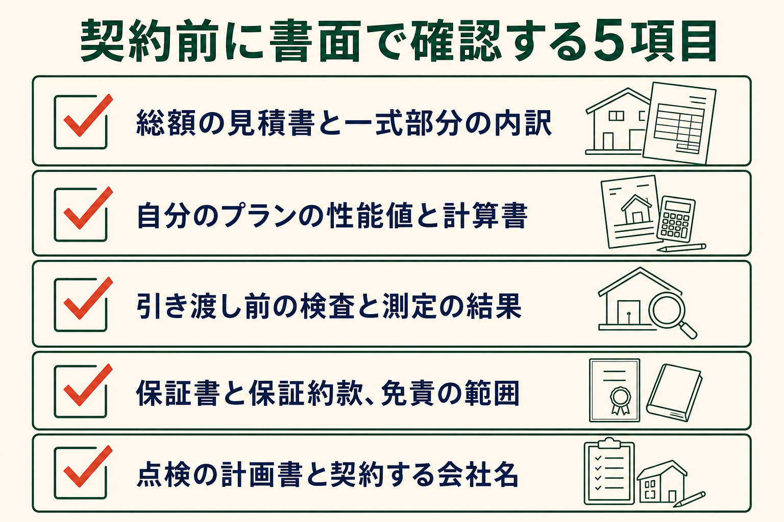契約前に書面で確認する5項目の図。総額の見積書と一式部分の内訳／自分のプランの性能値と計算書／引き渡し前の検査と測定の結果／保証書と保証約款、免責の範囲／点検の計画書と契約する会社名。