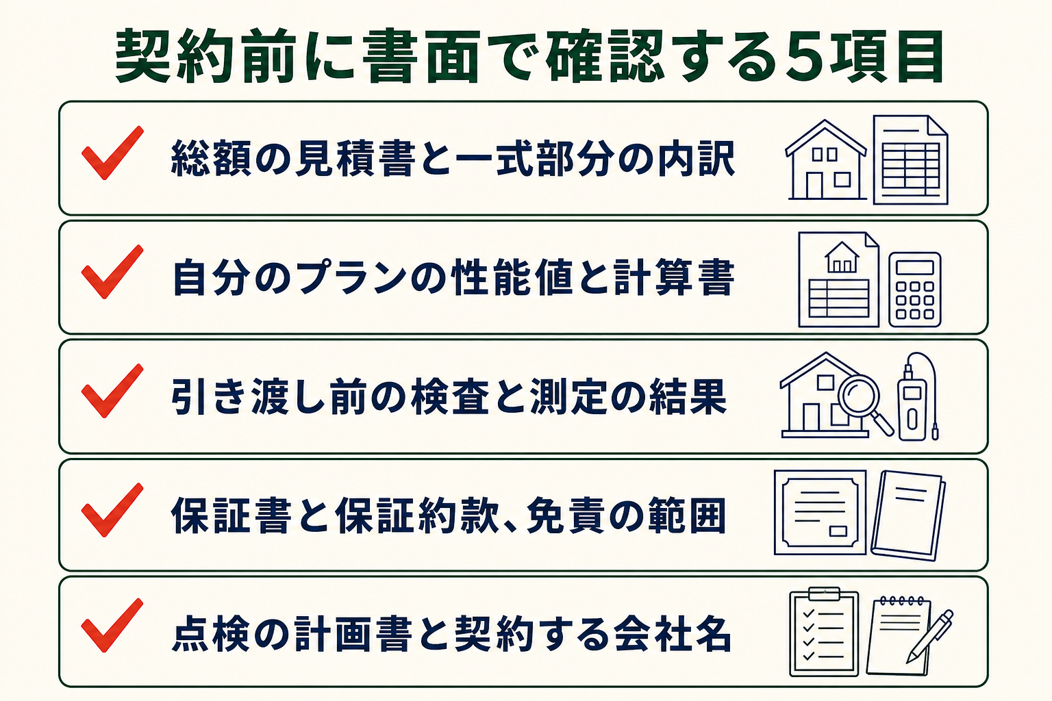 契約前に書面で確認する5項目の図。総額の見積書と一式部分の内訳／自分のプランの性能値と計算書／引き渡し前の検査と測定の結果／保証書と保証約款、免責の範囲／点検の計画書と契約する会社名。