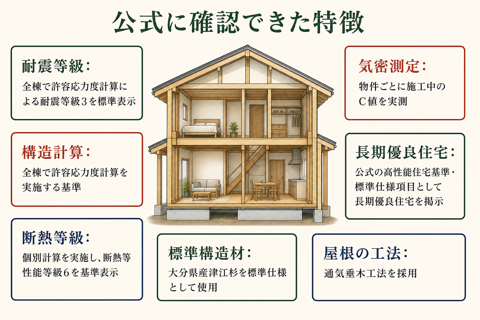 公式に確認できた特徴の図。耐震等級＝全棟で許容応力度計算による耐震等級3を標準表示／構造計算＝全棟で許容応力度計算を実施する基準／断熱等級＝個別計算を実施し、断熱等性能等級6を基準表示／気密測定＝物件ごとに施工中のC値を実測／長期優良住宅＝公式の高性能住宅基準・標準仕様項目として長期優良住宅を掲示／標準構造材＝大分県産津江杉を標準仕様として使用／屋根の工法＝通気垂木工法を採用。