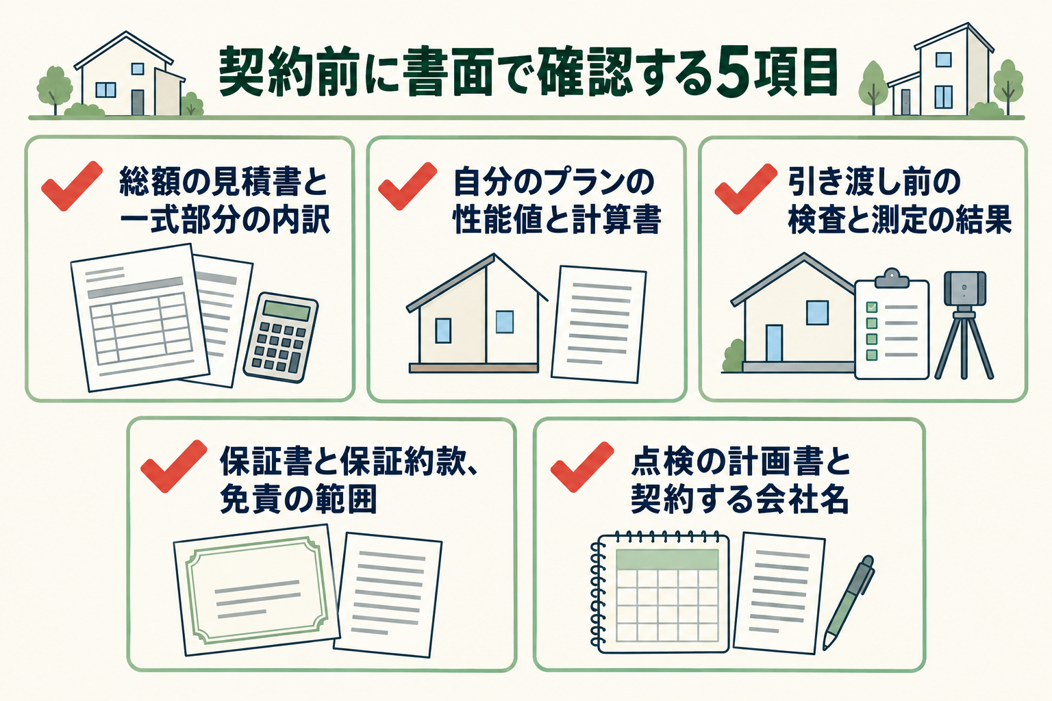 契約前に書面で確認する5項目の図。総額の見積書と一式部分の内訳／自分のプランの性能値と計算書／引き渡し前の検査と測定の結果／保証書と保証約款、免責の範囲／点検の計画書と契約する会社名。