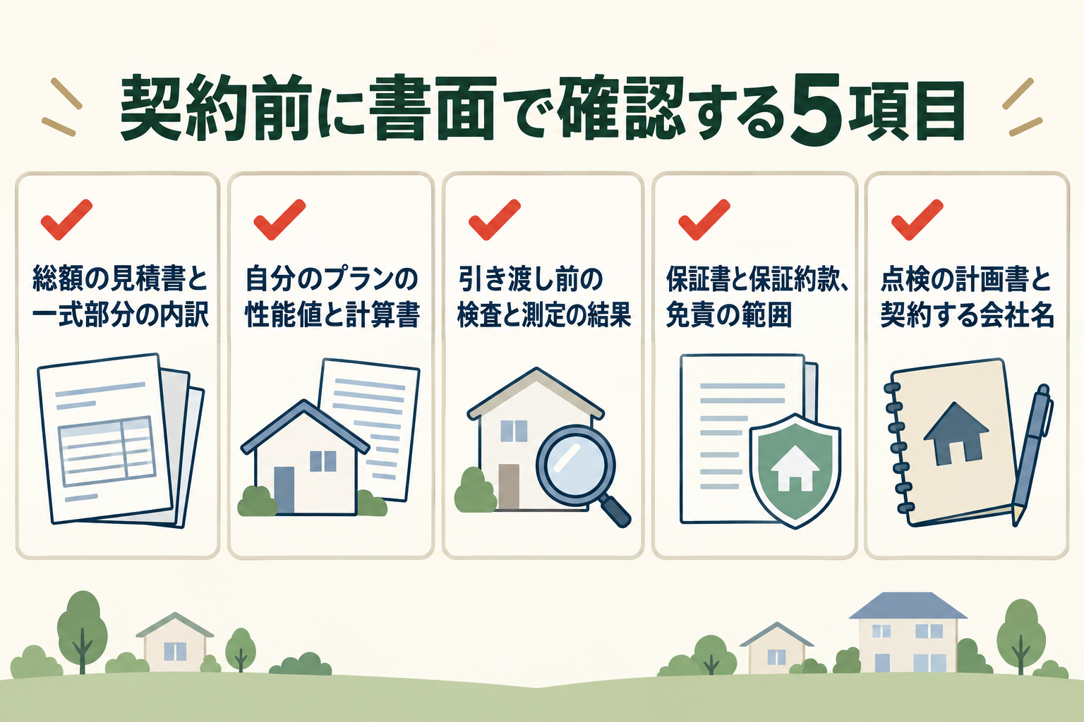 契約前に書面で確認する5項目の図。総額の見積書と一式部分の内訳/自分のプランの性能値と計算書/引き渡し前の検査と測定の結果/保証書と保証約款、免責の範囲/点検の計画書と契約する会社名。