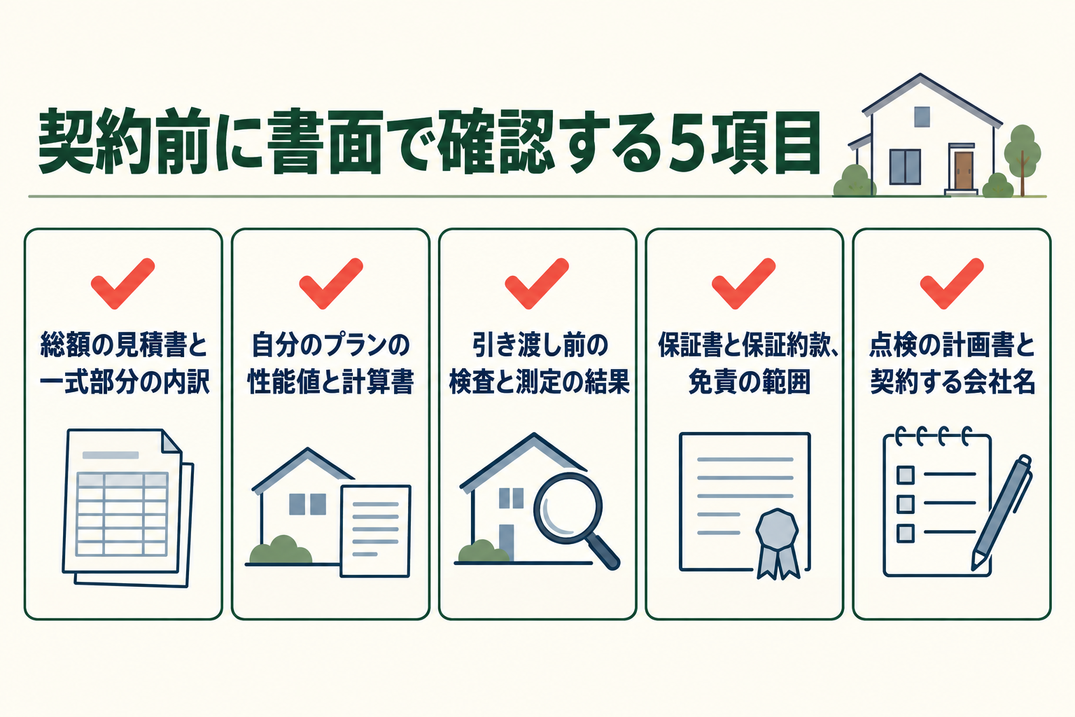 契約前に書面で確認する5項目の図。総額の見積書と一式部分の内訳／自分のプランの性能値と計算書／引き渡し前の検査と測定の結果／保証書と保証約款、免責の範囲／点検の計画書と契約する会社名。