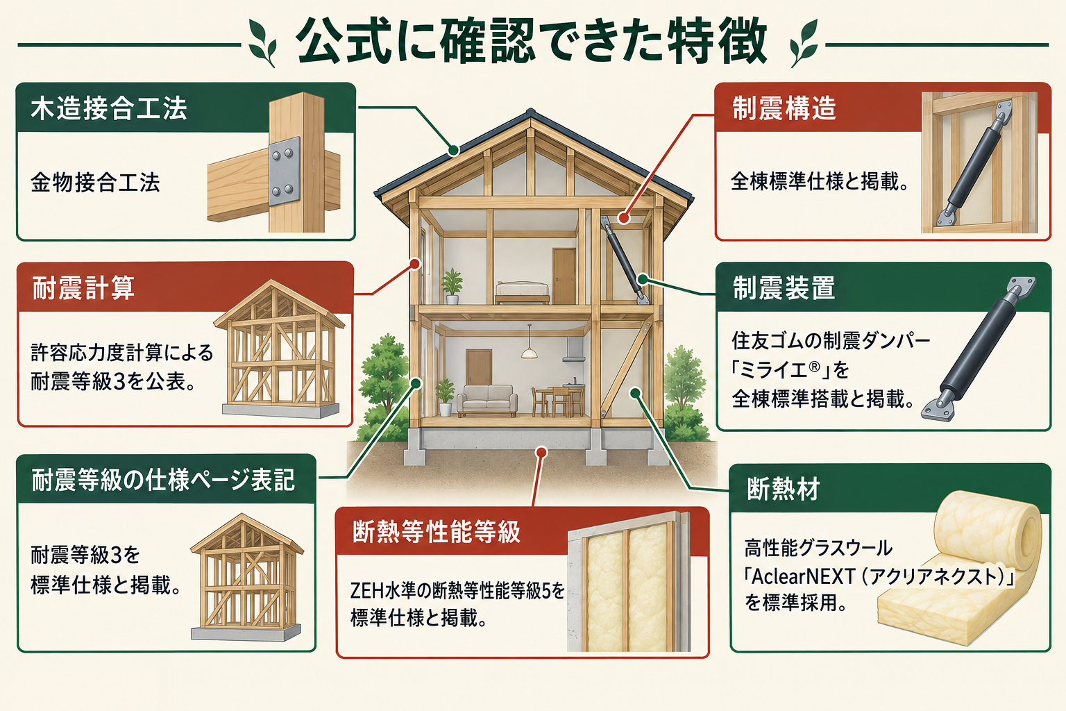 公式に確認できた特徴の図。木造接合工法＝金物接合工法／耐震計算＝許容応力度計算による耐震等級3を公表／耐震等級の仕様ページ表記＝耐震等級3を標準仕様と掲載／制震構造＝全棟標準仕様と掲載／制震装置＝住友ゴムの制震ダンパー「ミライエ®」を全棟標準搭載と掲載／断熱等性能等級＝ZEH水準の断熱等性能等級5を標準仕様と掲載／断熱材＝高性能グラスウール「AclearNEXT（アクリアネクスト）」を標準採用。