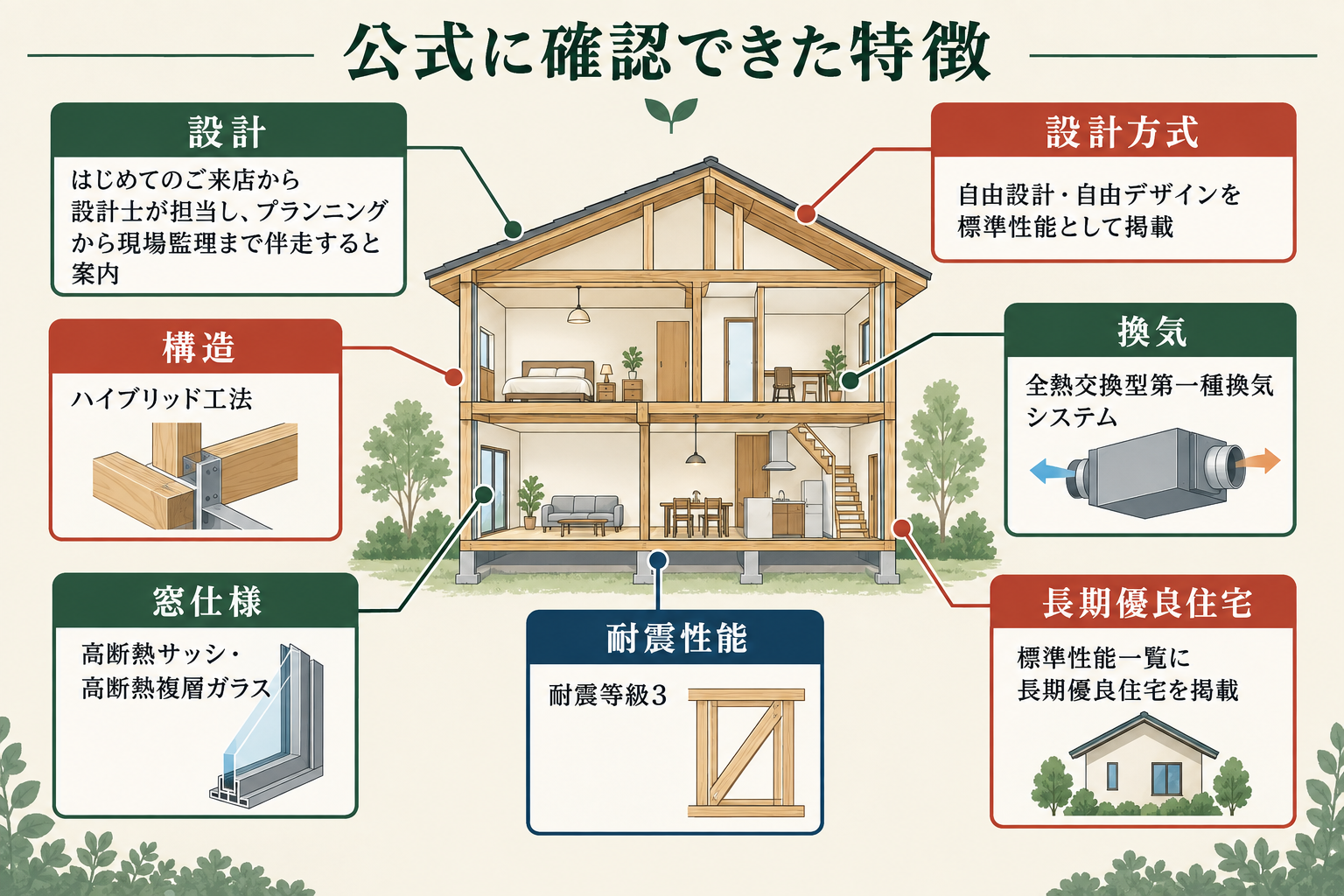公式に確認できた特徴の図。設計＝はじめてのご来店から設計士が担当し、プランニングから現場監理まで伴走すると案内／設計方式＝自由設計・自由デザインを標準性能として掲載／構造＝ハイブリッド工法／換気＝全熱交換型第一種換気システム／窓仕様＝高断熱サッシ・高断熱複層ガラス／耐震性能＝標準性能一覧に耐震等級3を掲載、よくある質問では耐震等級3相当を基本と表記／長期優良住宅＝標準性能一覧に長期優良住宅を掲載。